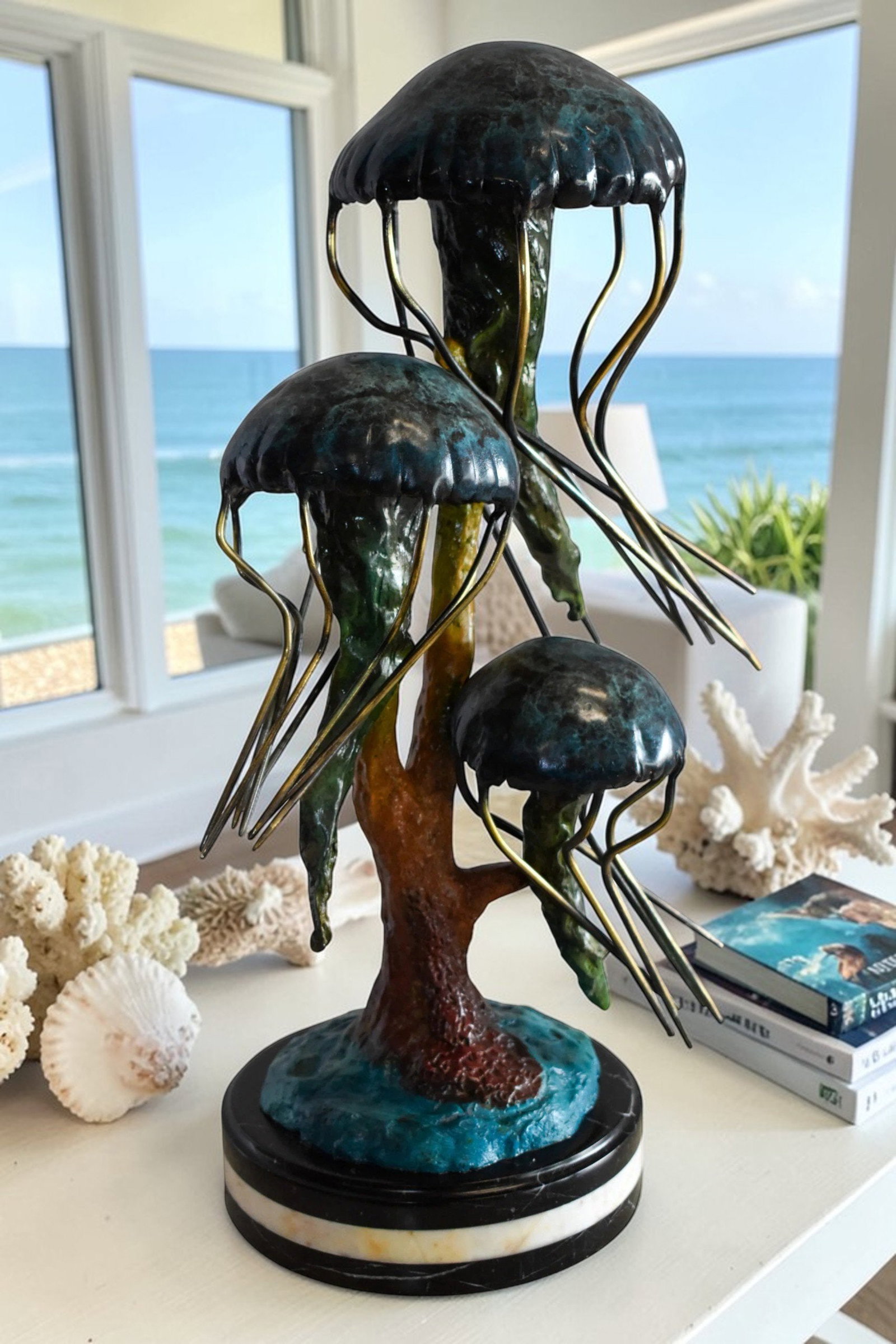 Three Wandering Jellyfish Bronze Statue on a Marble Base 17" x 11" x 24"H - 2