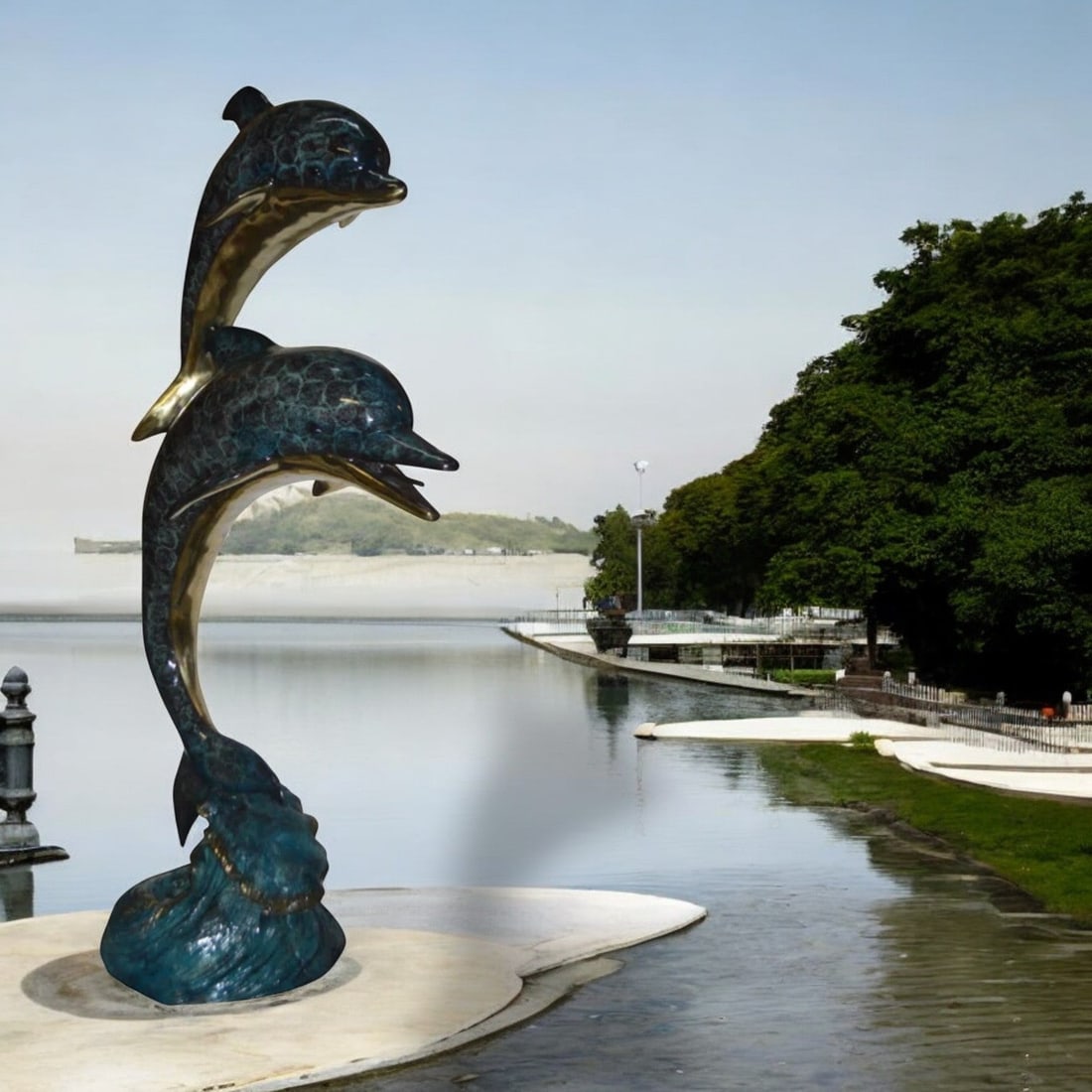 Two Dolphins Overreach Others on Waves Bronze Statue - 44"L x 23"W x 76"H. - 2