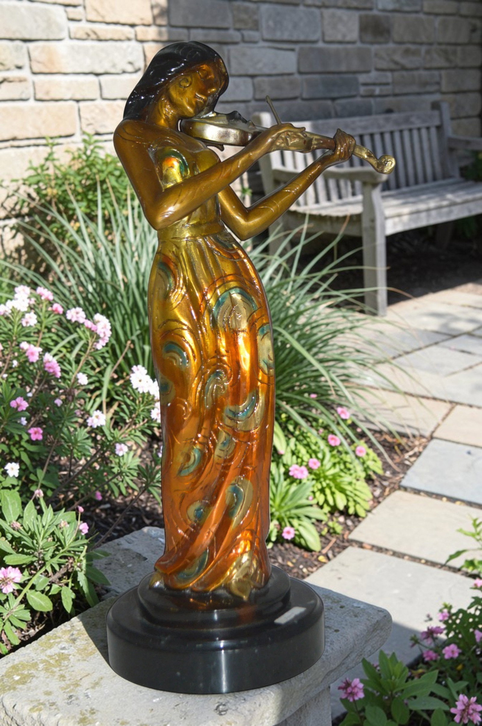 Girl Playing the violin Bronze Statue - Size: 10"L x 7"W x 19"H. - 2