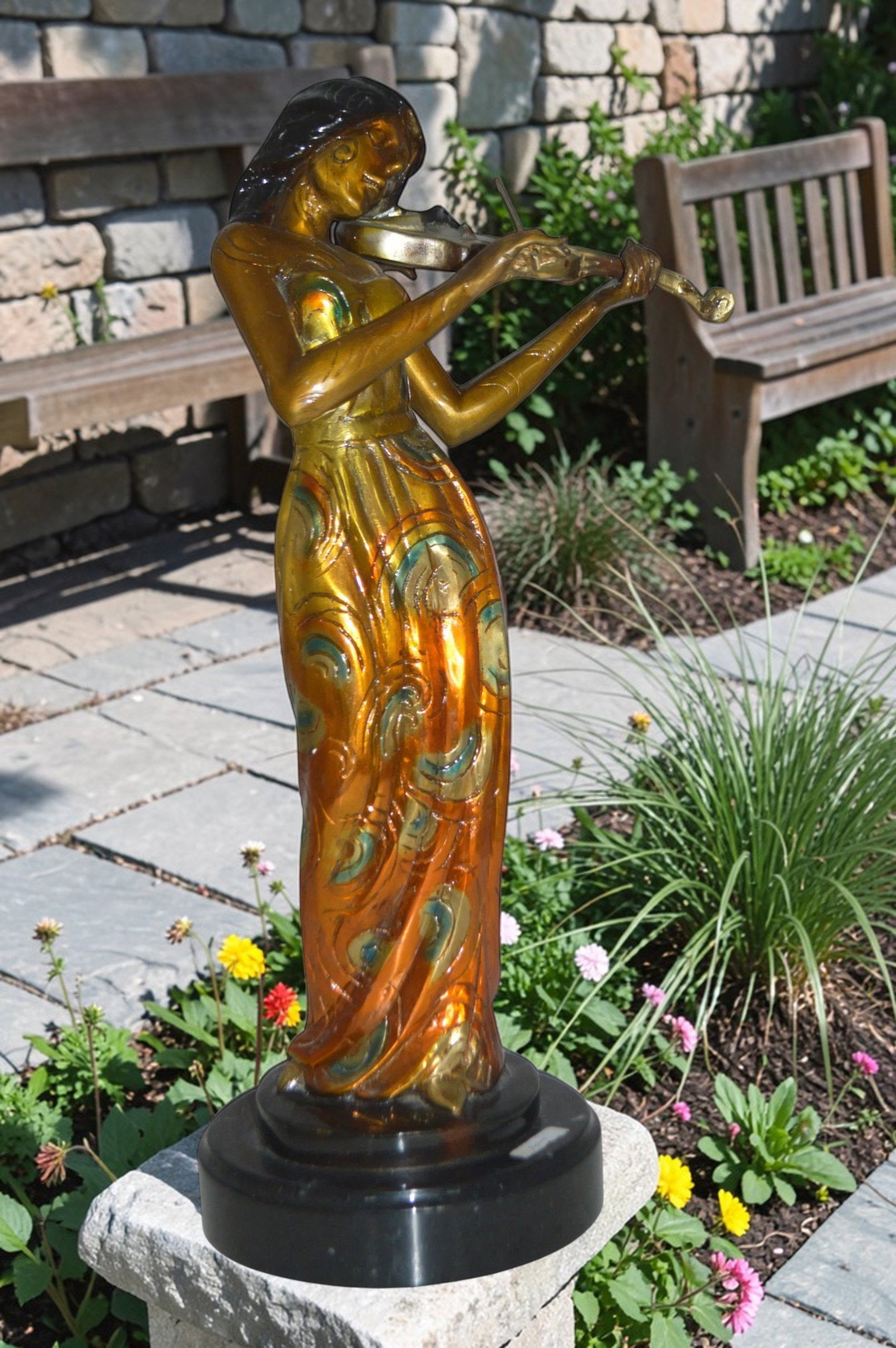 Girl Playing the violin Bronze Statue - Size: 10"L x 7"W x 19"H. - 3