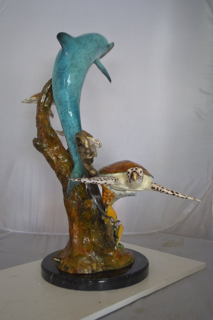 Dolphin medium with Turtles Fountain Bronze Statue - Size: 24"L x 34"W x 36"H. - 7