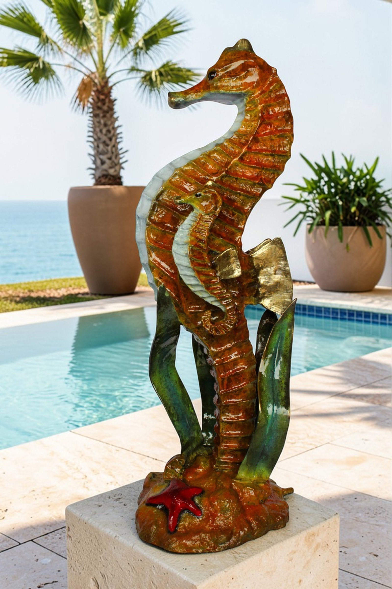 Bronze Seahorse with Baby Sculpture – Handcrafted Lost Wax Cast Ocean Life Statue with Seagrass & - 2