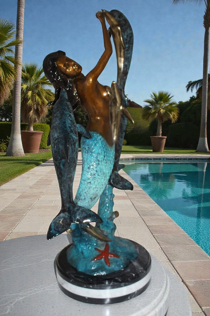 Mermaid with 3 dolphins Bronze Statue - Size: 16"L x 10"W x 25"H. - 2
