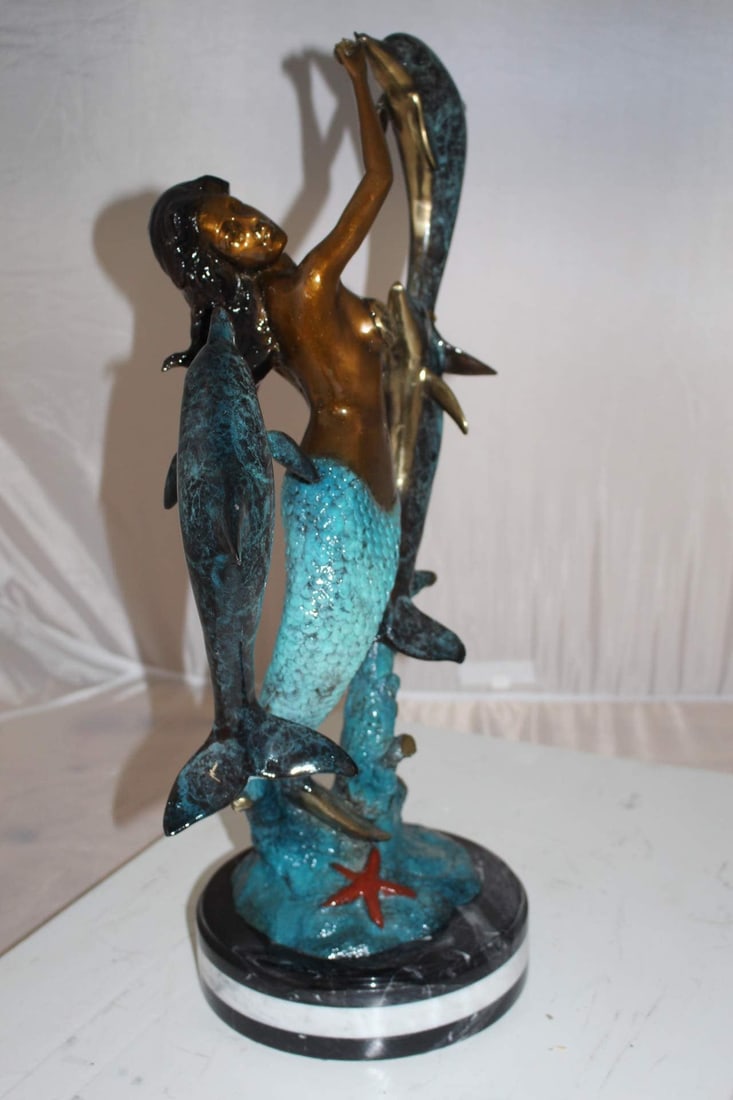 Mermaid with 3 dolphins Bronze Statue - Size: 16"L x 10"W x 25"H. - 7