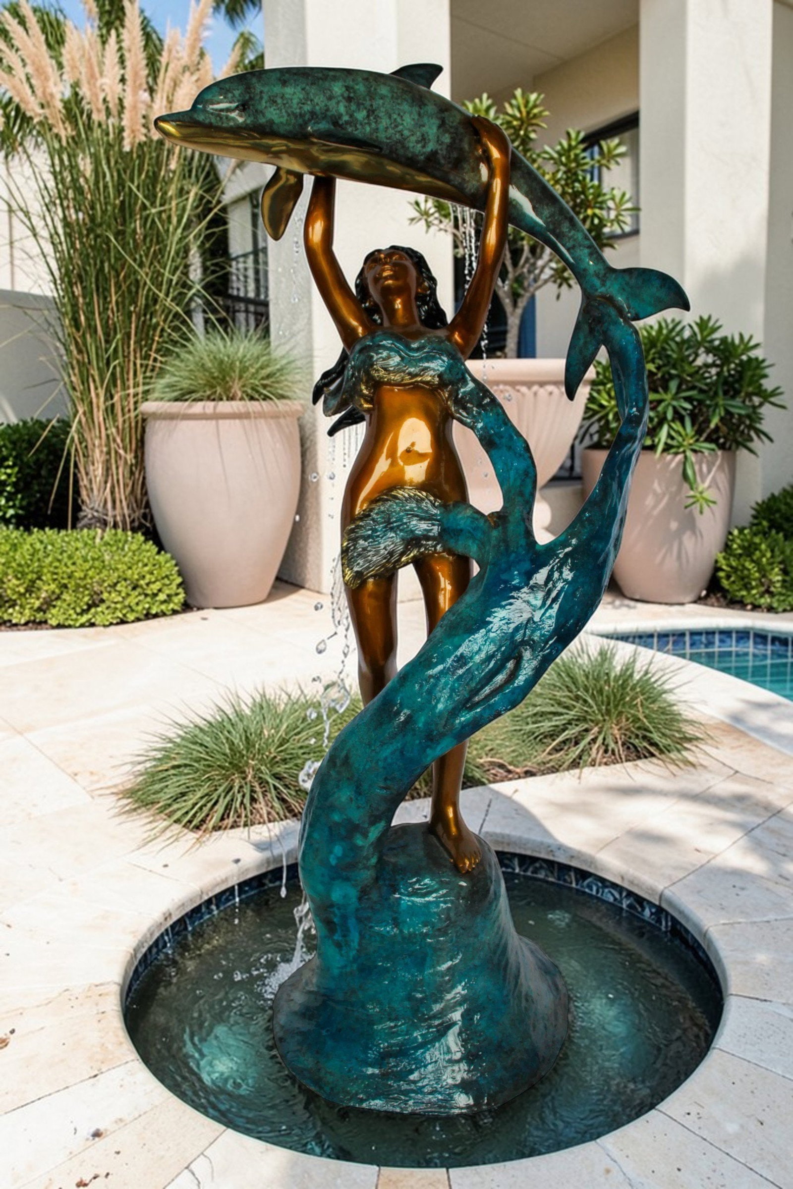 Bronze Mermaid Fountain Statue – Enchanting Mermaid Lifting Dolphin Sculpture with Flowing Water - 2