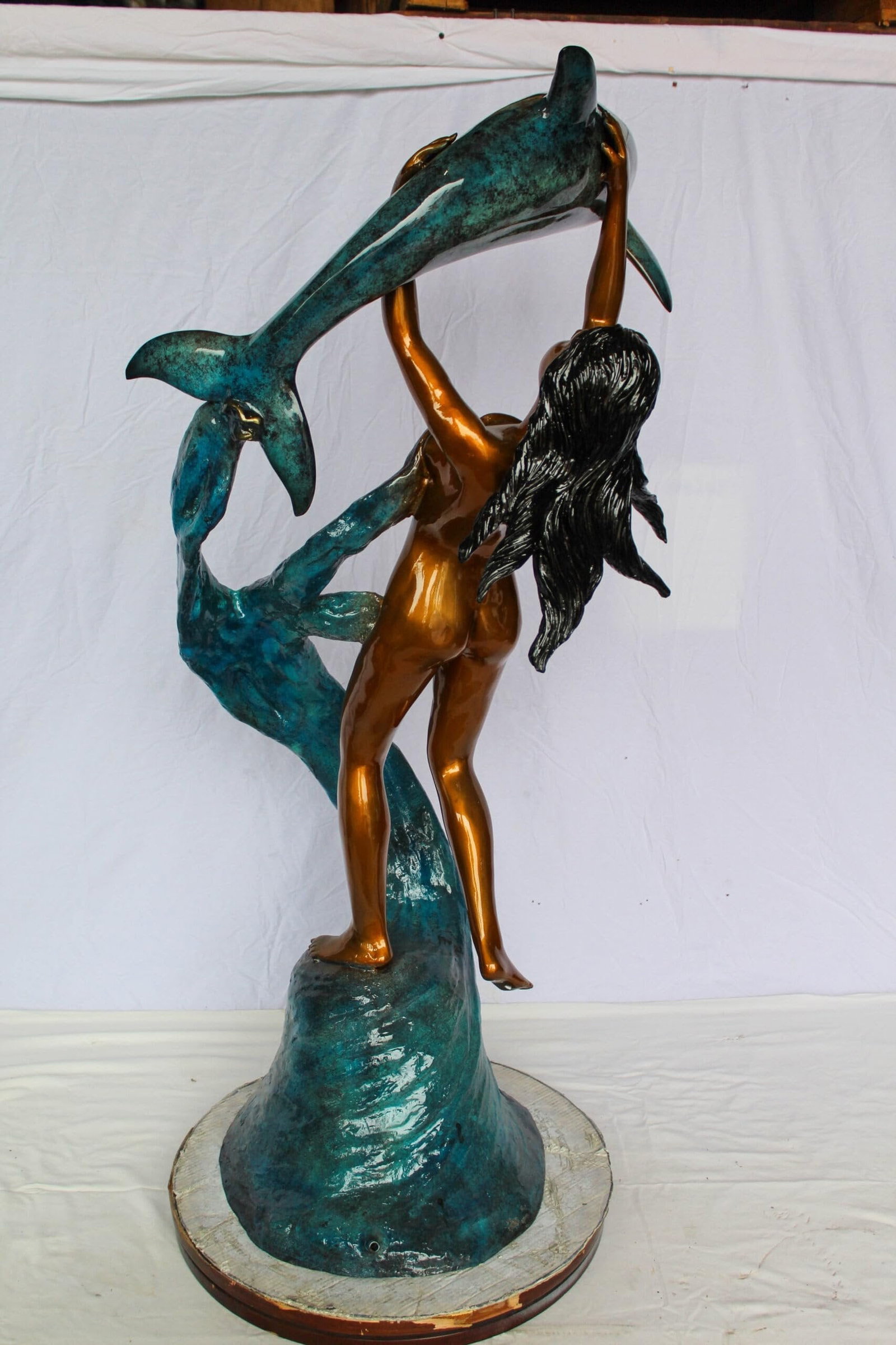 Bronze Mermaid Fountain Statue – Enchanting Mermaid Lifting Dolphin Sculpture with Flowing Water - 7