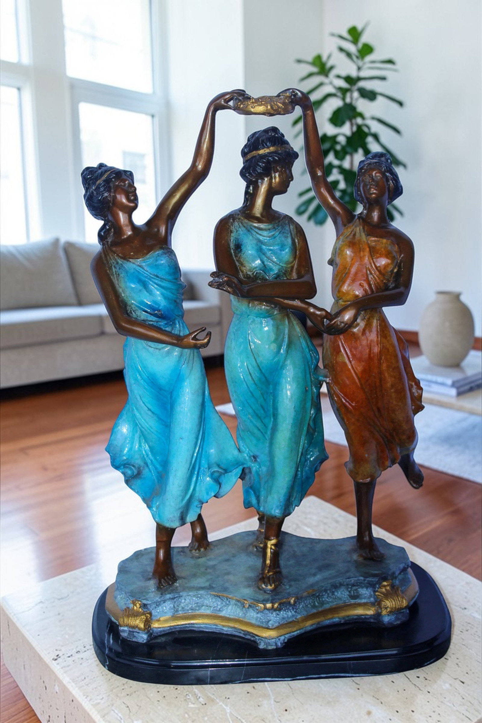 Three Dancing Ladies, Colorful Bronze Statue on a marble base 15" x 10" x 23"H - 2