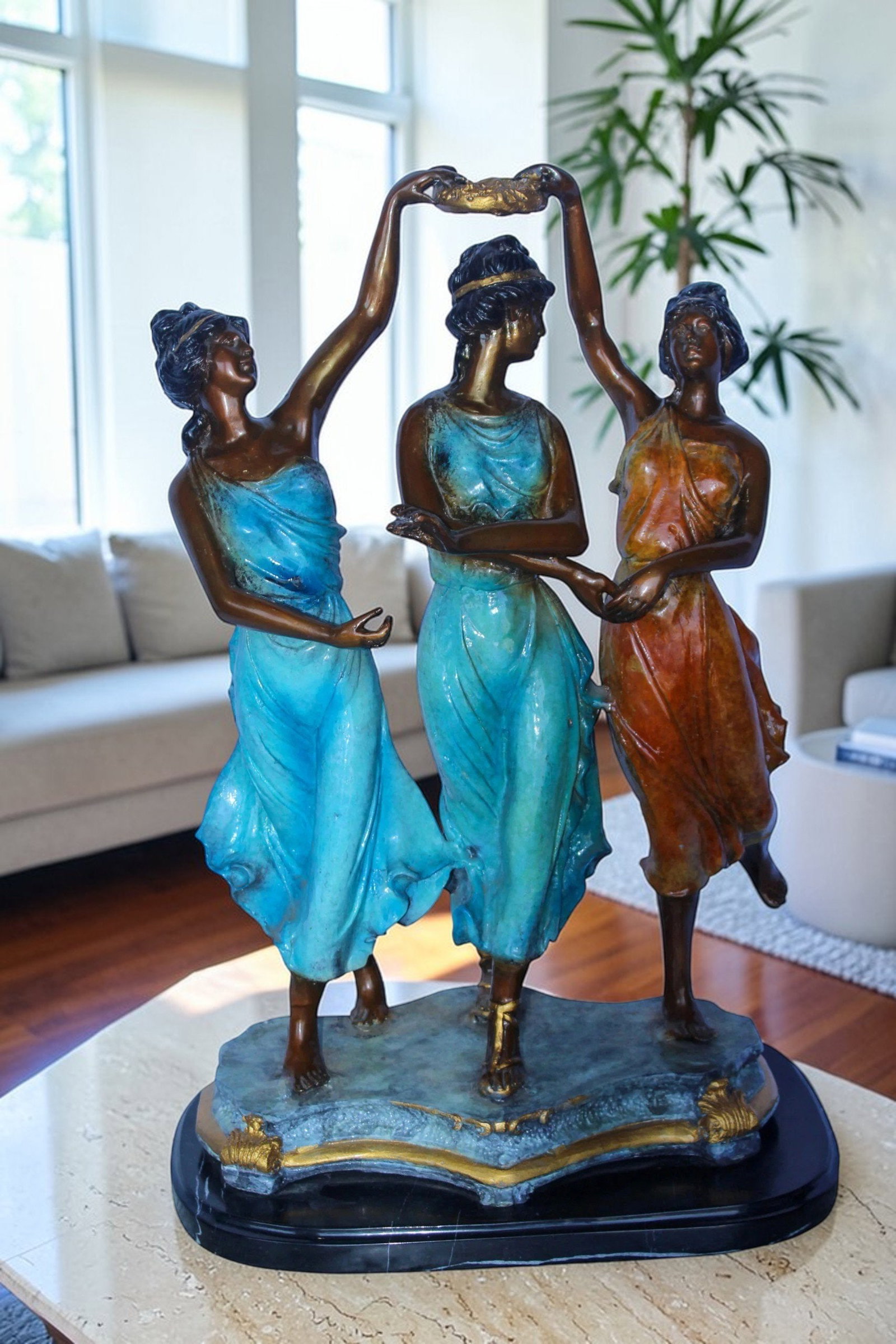 Three Dancing Ladies, Colorful Bronze Statue on a marble base 15" x 10" x 23"H - 3