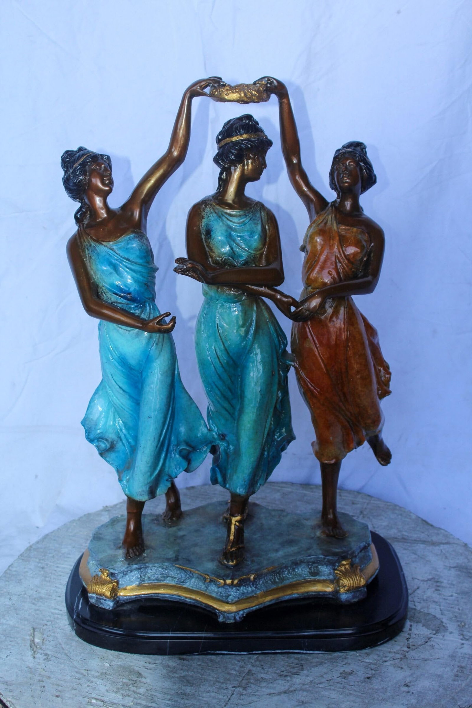 Three Dancing Ladies, Colorful Bronze Statue on a marble base 15" x 10" x 23"H - 4