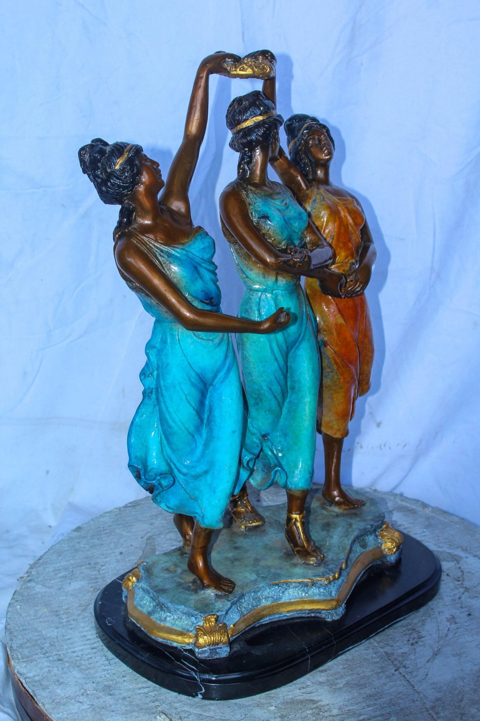 Three Dancing Ladies, Colorful Bronze Statue on a marble base 15" x 10" x 23"H - 5