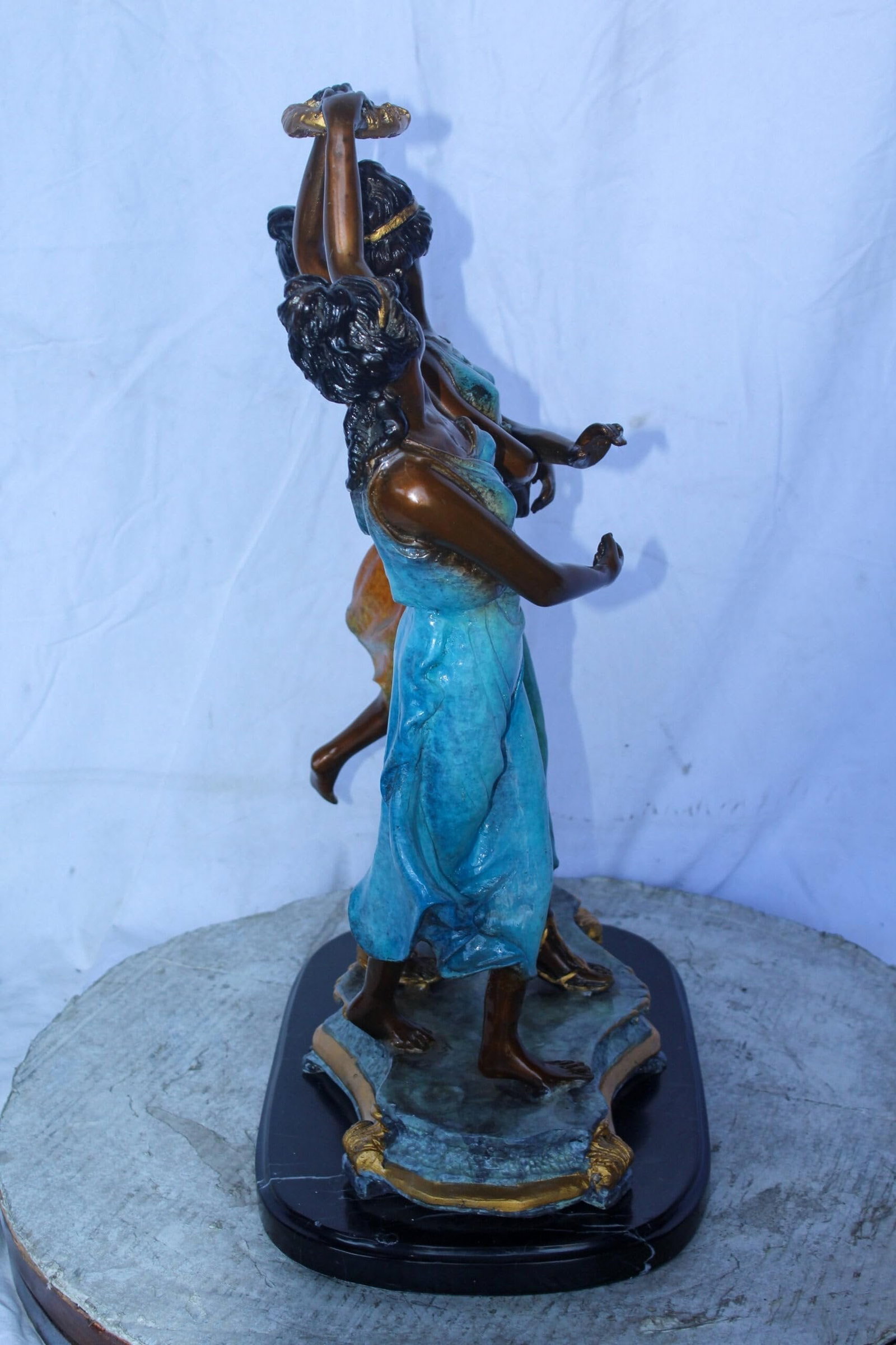 Three Dancing Ladies, Colorful Bronze Statue on a marble base 15" x 10" x 23"H - 6