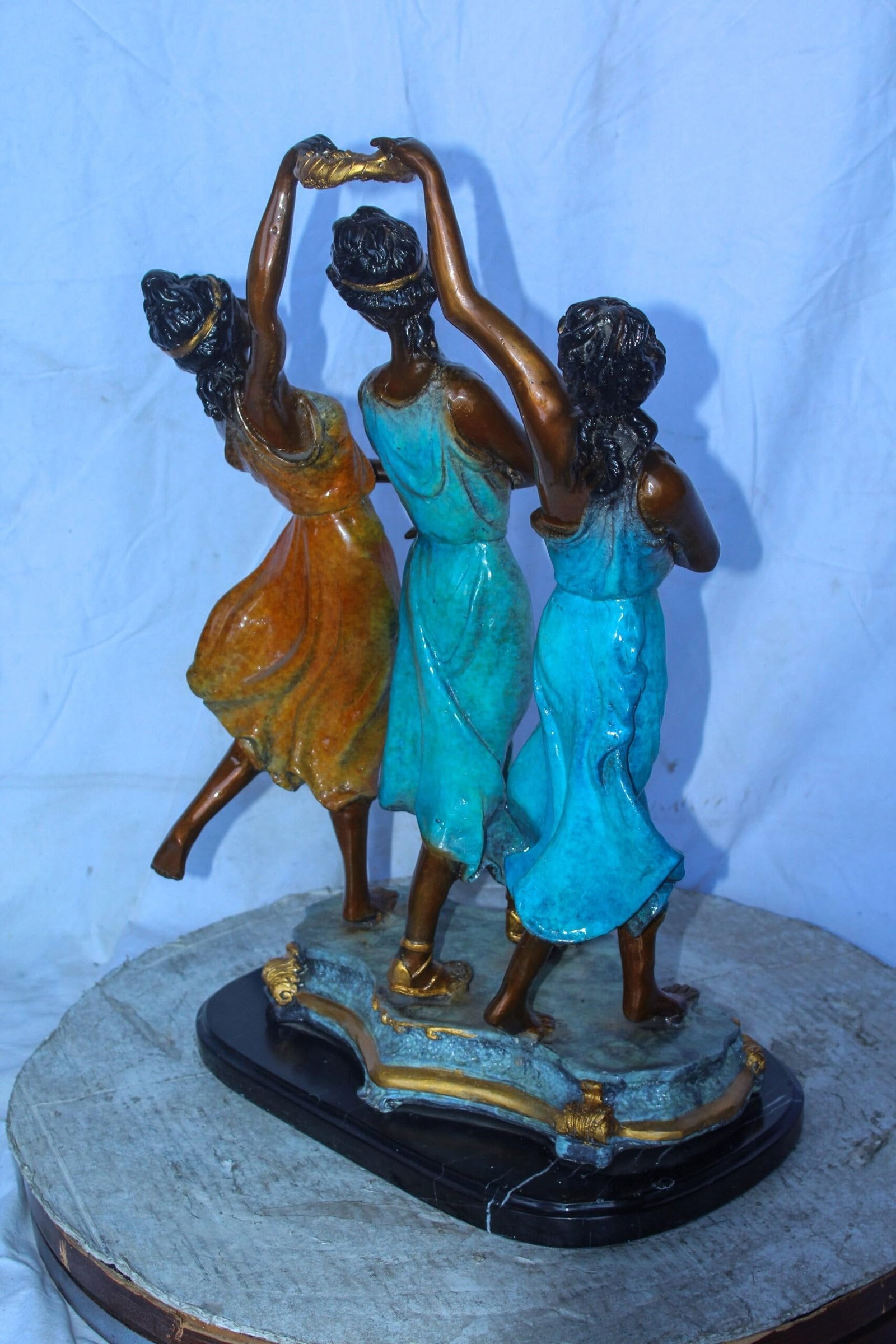 Three Dancing Ladies, Colorful Bronze Statue on a marble base 15" x 10" x 23"H - 7