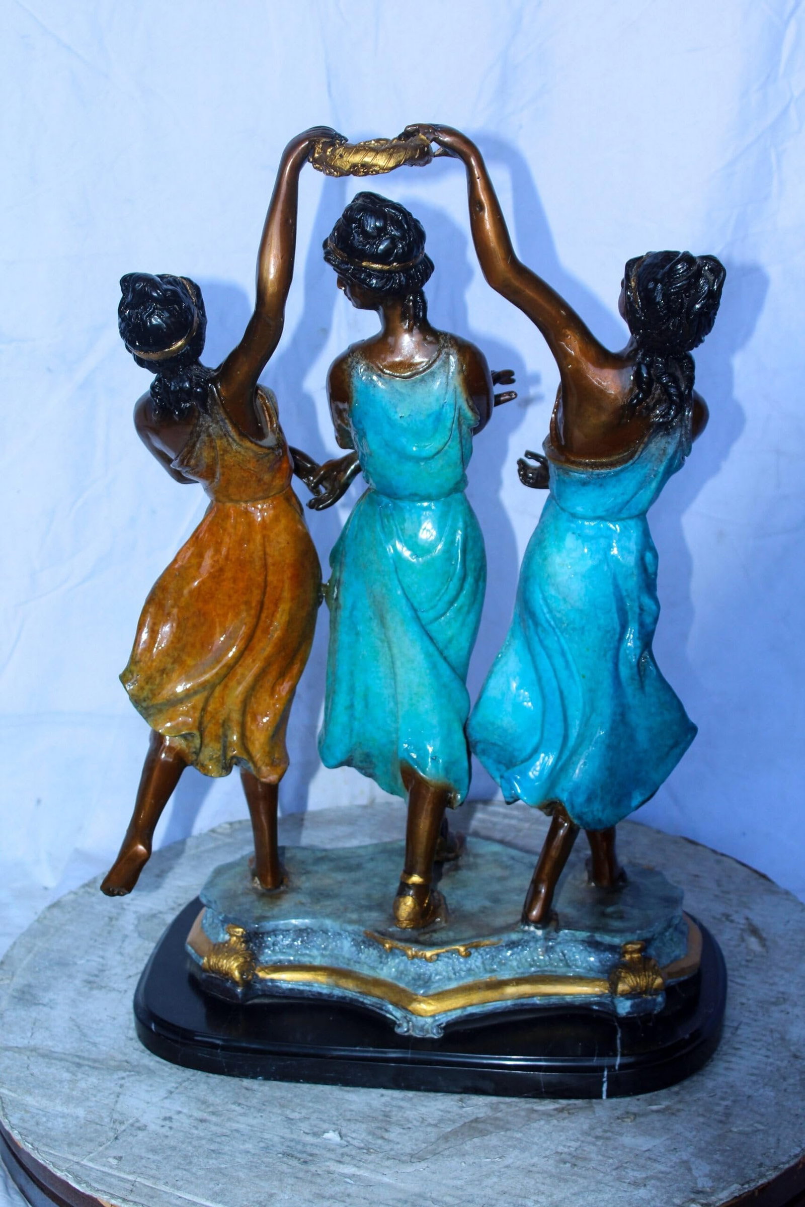 Three Dancing Ladies, Colorful Bronze Statue on a marble base 15" x 10" x 23"H - 8