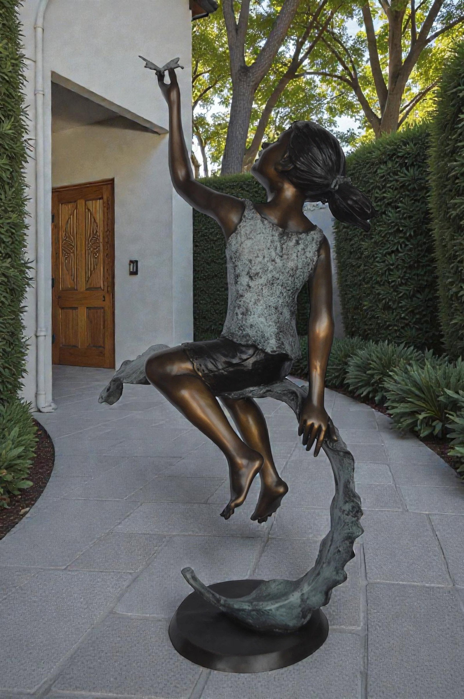 Girl on A Leaf Playing with Butterfly Bronze State - Size: 27"L x 15"W x 45"H. - 2