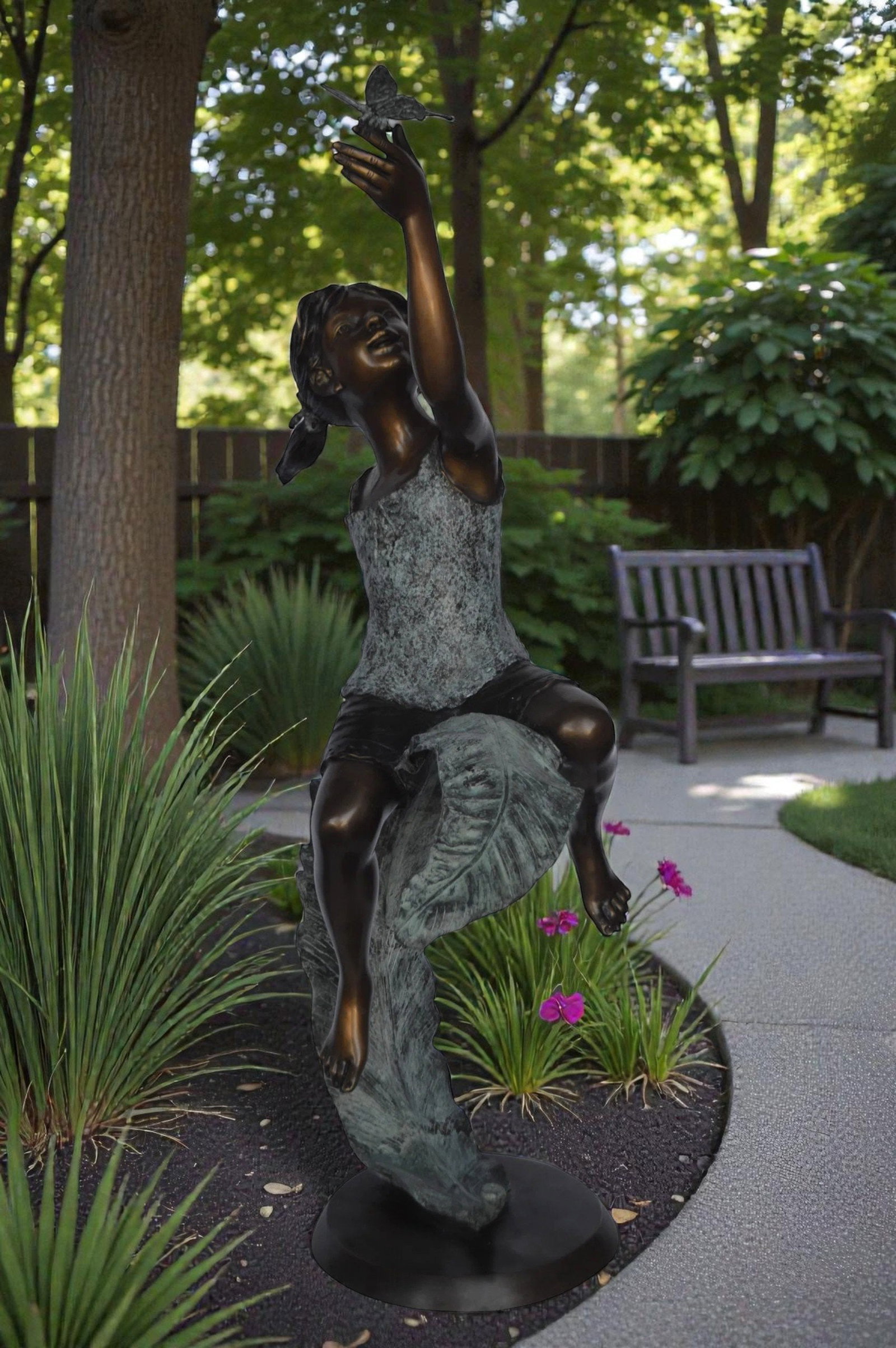 Girl on A Leaf Playing with Butterfly Bronze State - Size: 27"L x 15"W x 45"H. - 4