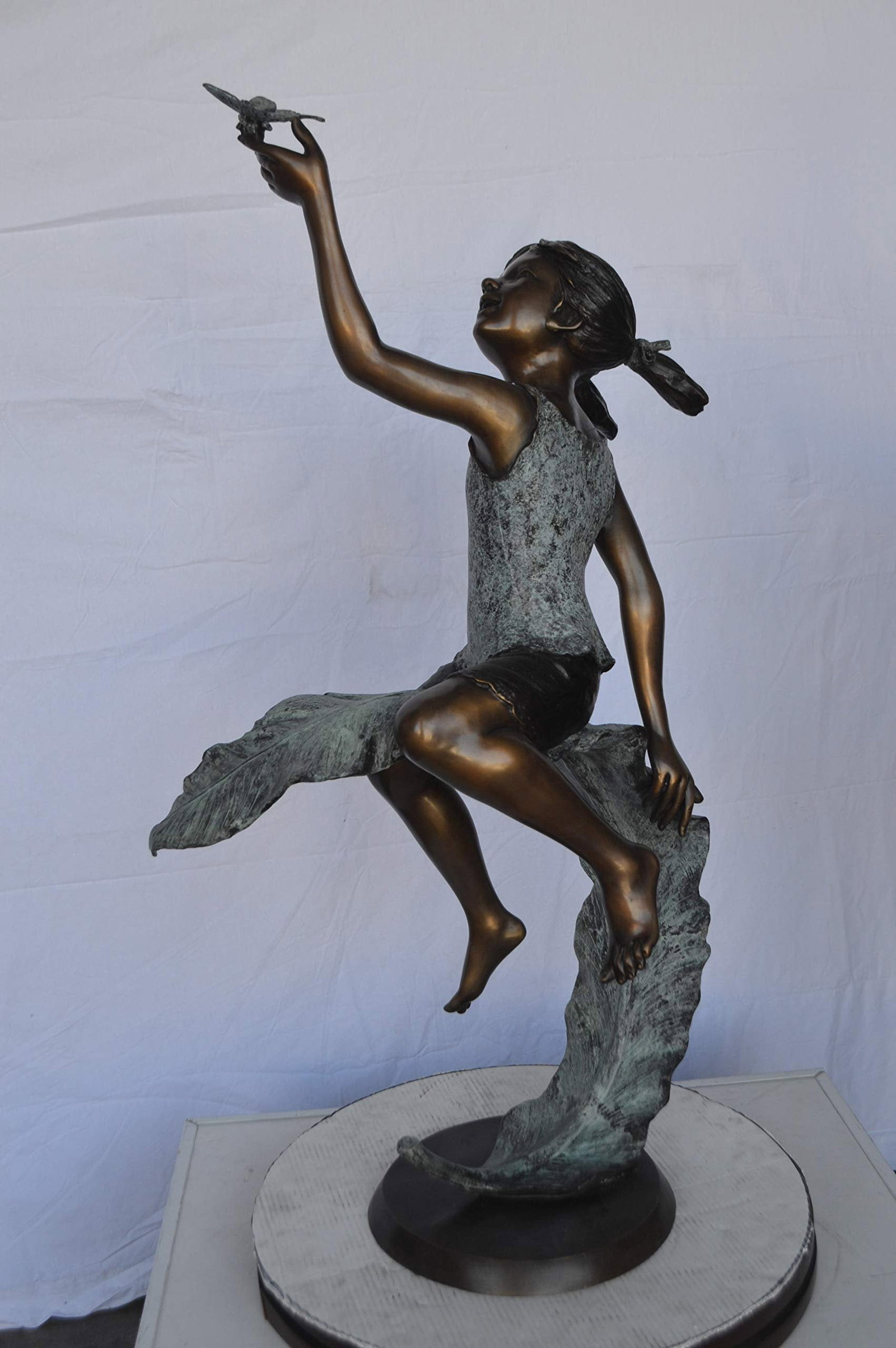 Girl on A Leaf Playing with Butterfly Bronze State - Size: 27"L x 15"W x 45"H. - 7