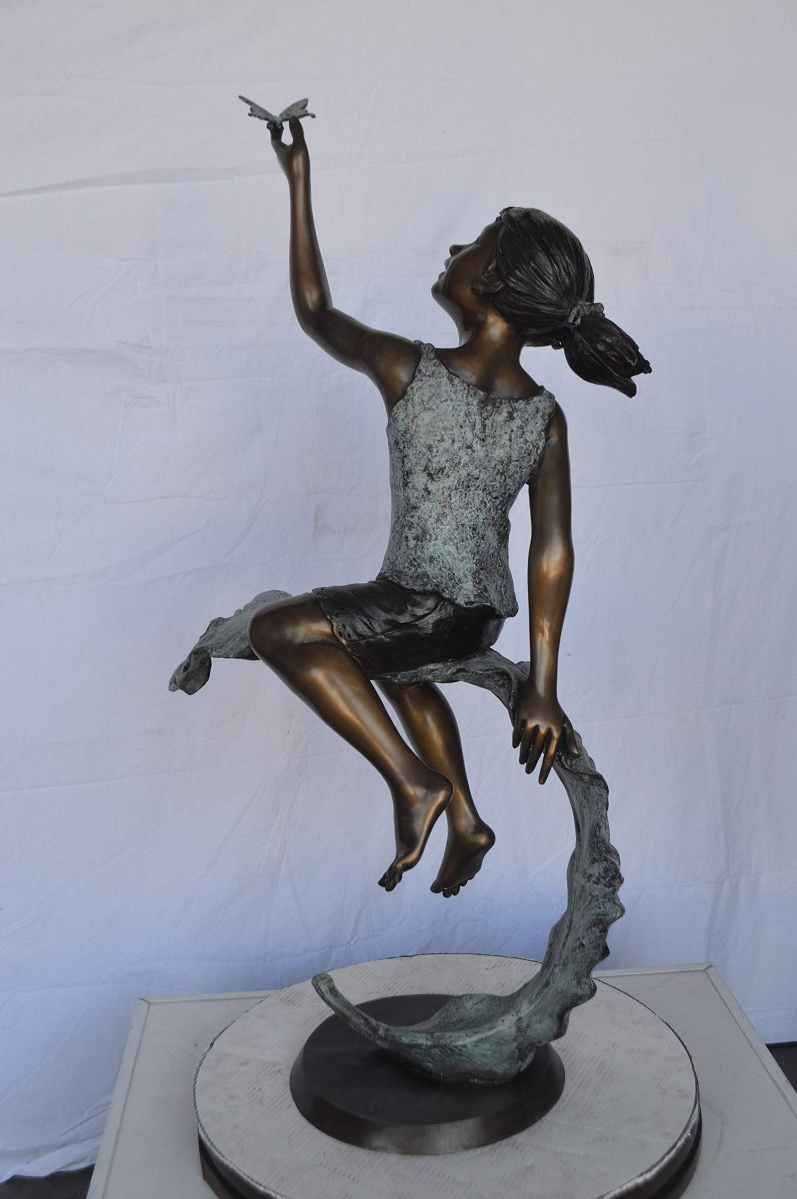 Girl on A Leaf Playing with Butterfly Bronze State - Size: 27"L x 15"W x 45"H. - 8