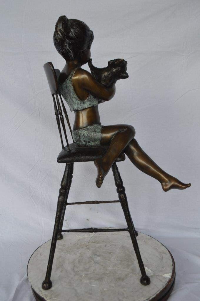 Girl with a cat on a high chair bronze statue - Size: 16"L x 16"W x 38"H. - 7
