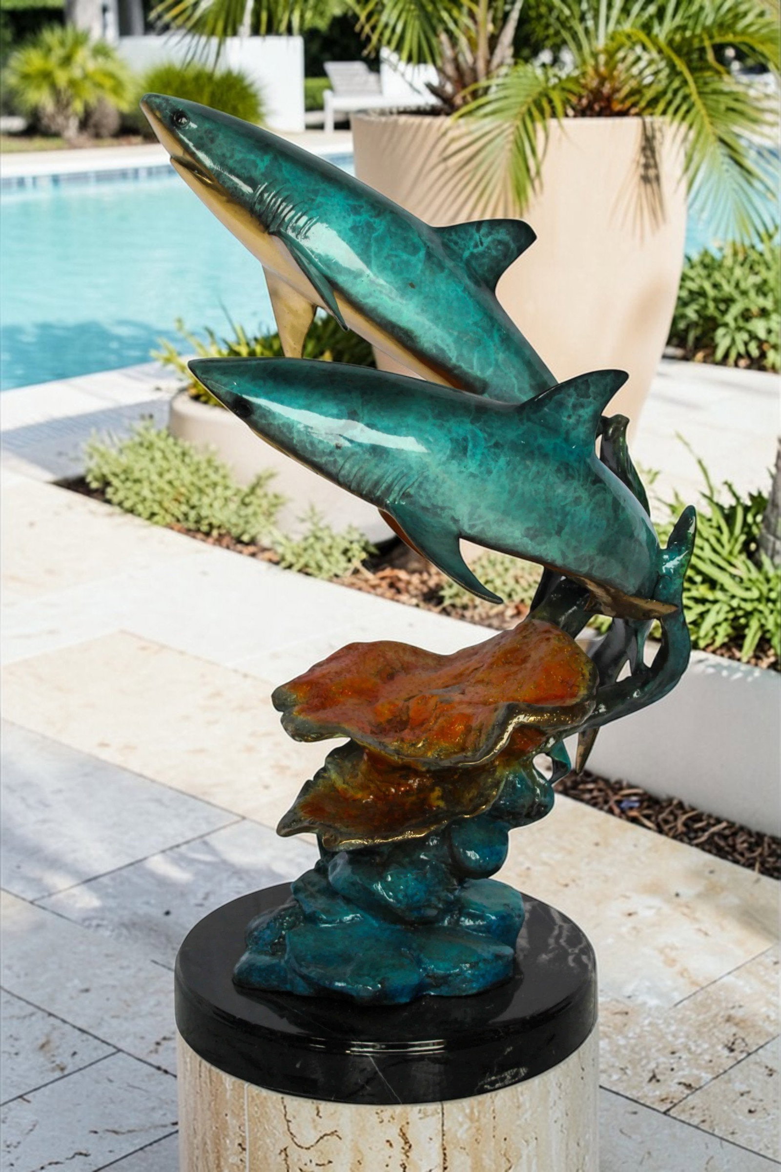 Bronze Shark Sculpture – Two Sharks Swimming Above Coral Reef – Handcrafted Lost Wax Cast Bronze - 2