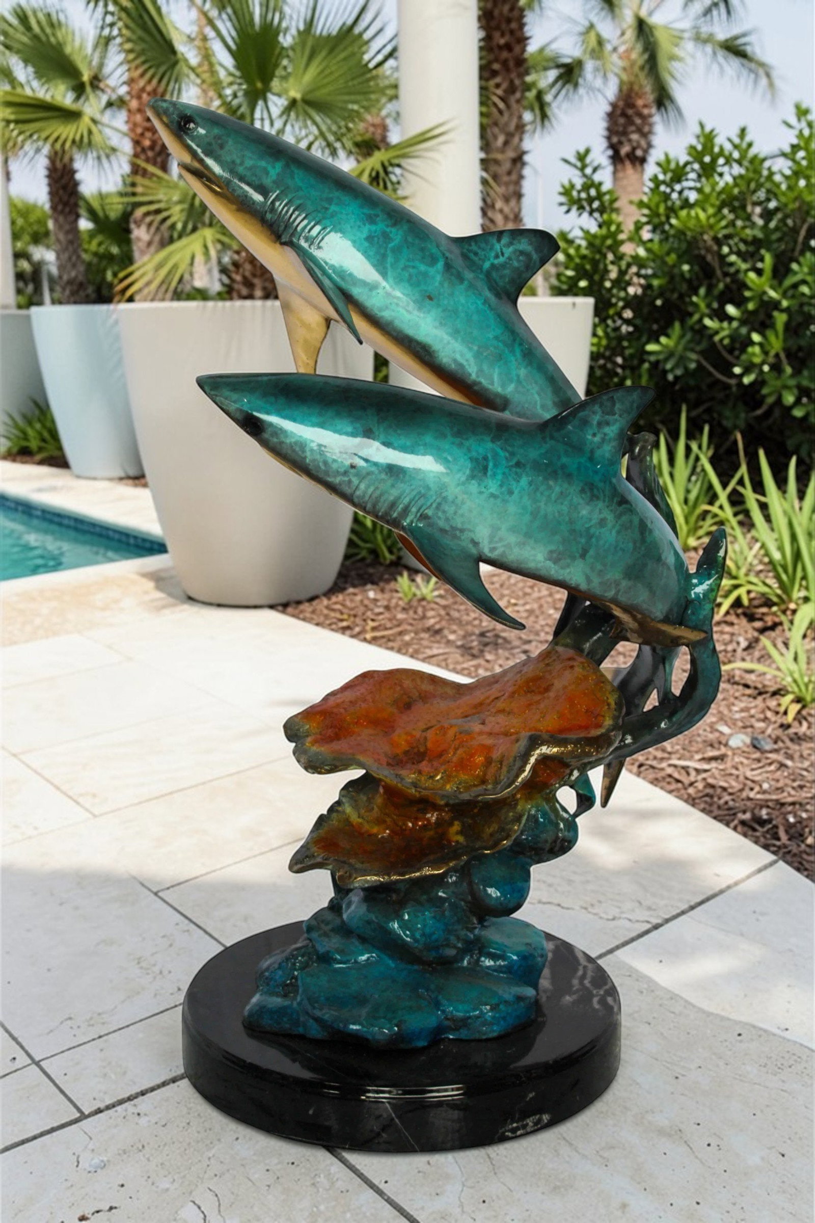 Bronze Shark Sculpture – Two Sharks Swimming Above Coral Reef – Handcrafted Lost Wax Cast Bronze - 3