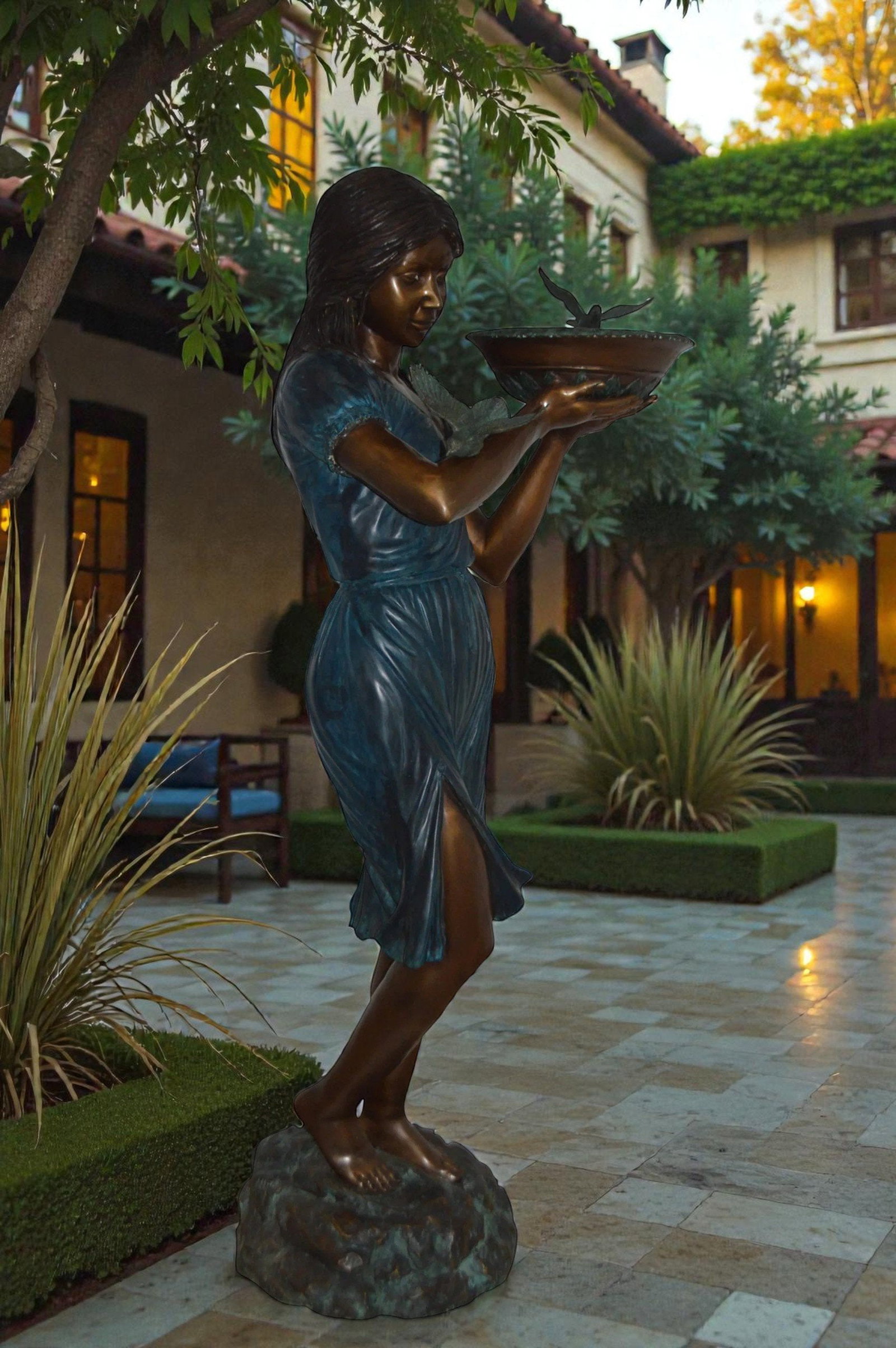 Lady holding a tray bronze statue fountain - Size: 17"L x 23"W x 62"H. - 2