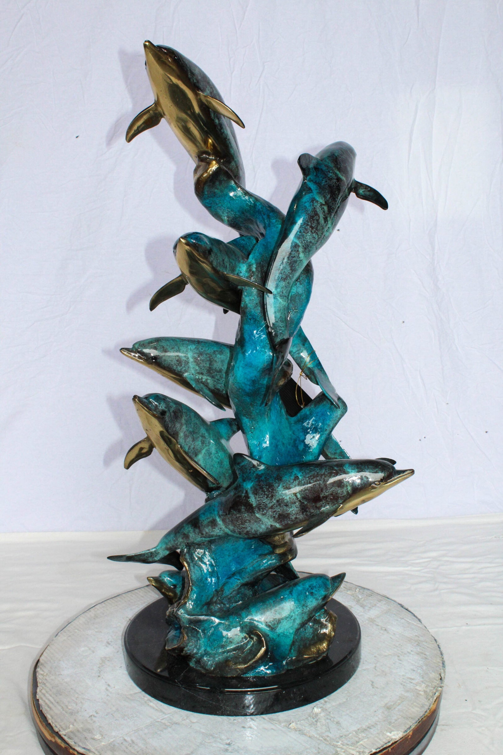 Bronze Dolphin Pod Sculpture – Spiral Formation of Dolphins with Blue-Green Patina & Polished - 2