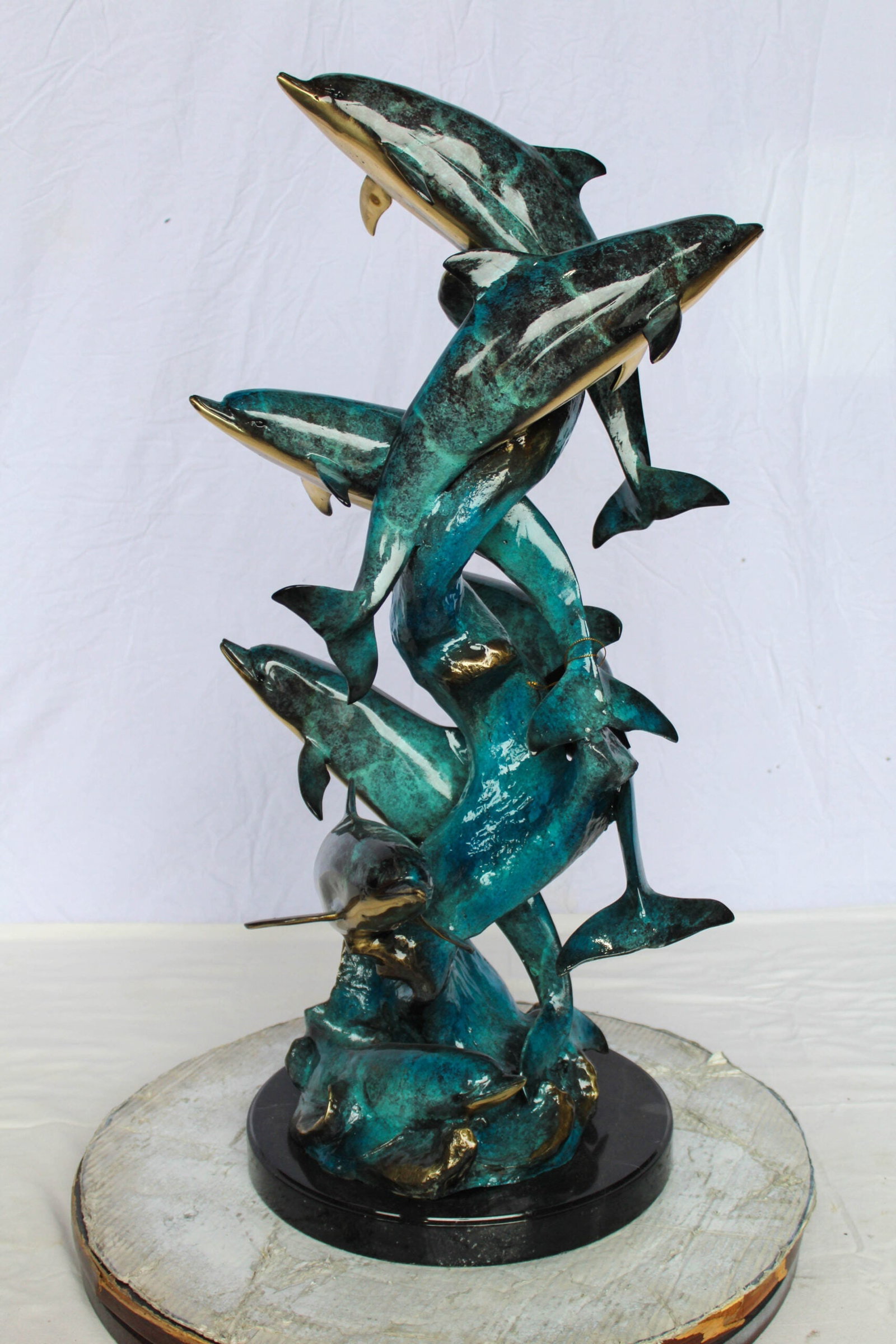 Bronze Dolphin Pod Sculpture – Spiral Formation of Dolphins with Blue-Green Patina & Polished - 3