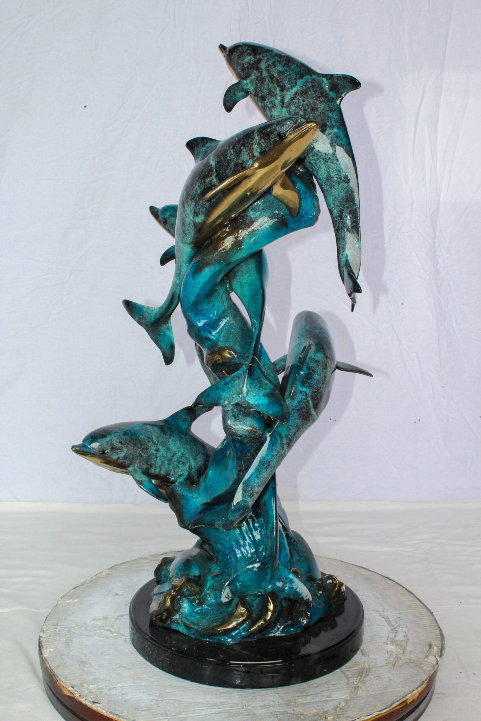 Bronze Dolphin Pod Sculpture – Spiral Formation of Dolphins with Blue-Green Patina & Polished - 4