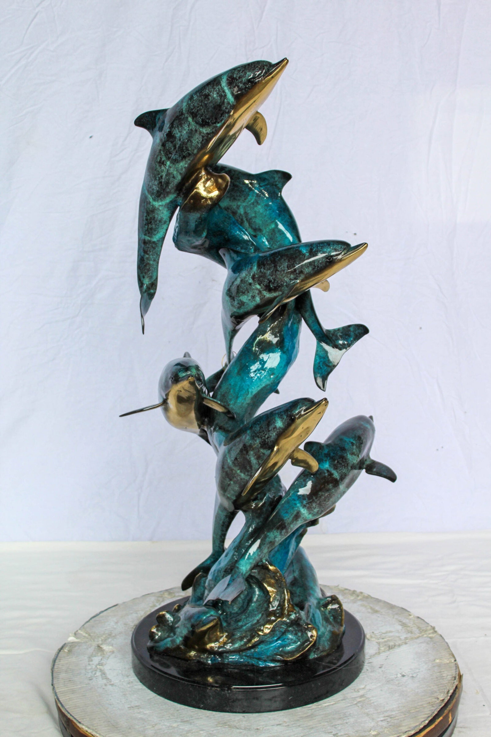 Bronze Dolphin Pod Sculpture – Spiral Formation of Dolphins with Blue-Green Patina & Polished - 7