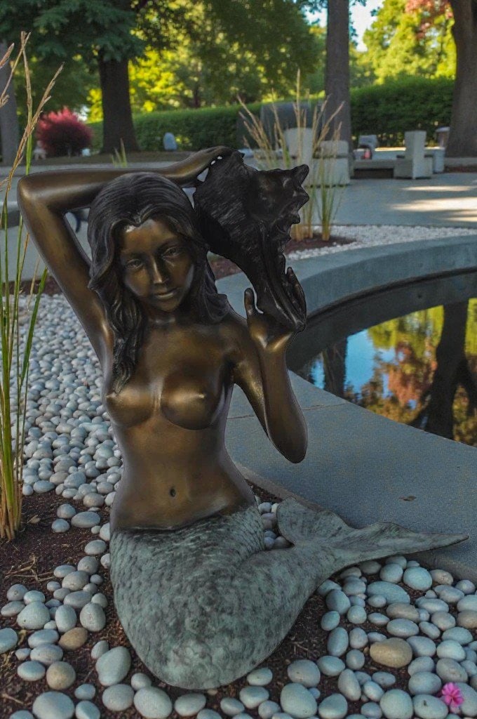 Mermaid with Conch shell bronze statue - Size: 16"L x 17"W x 21"H. - 2