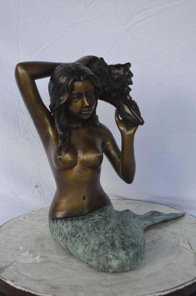 Mermaid with Conch shell bronze statue - Size: 16"L x 17"W x 21"H. - 3