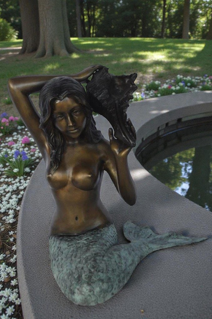 Mermaid with Conch shell bronze statue - Size: 16"L x 17"W x 21"H. - 4