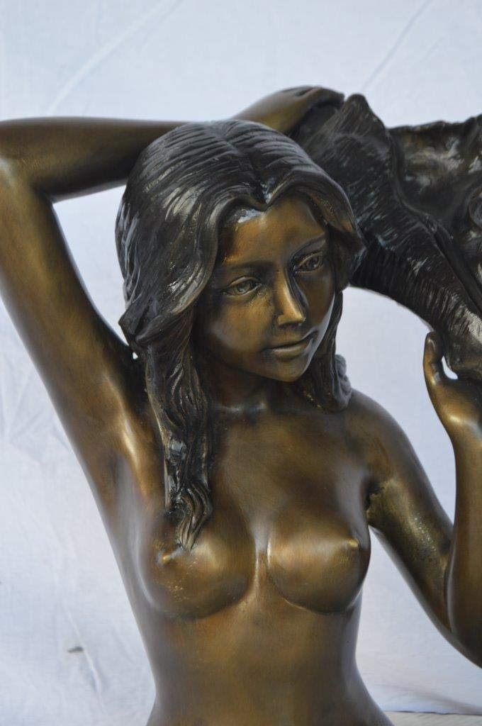 Mermaid with Conch shell bronze statue - Size: 16"L x 17"W x 21"H. - 5