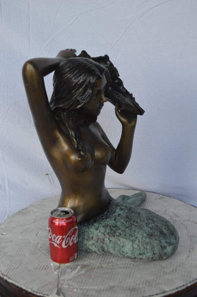 Mermaid with Conch shell bronze statue - Size: 16"L x 17"W x 21"H. - 6