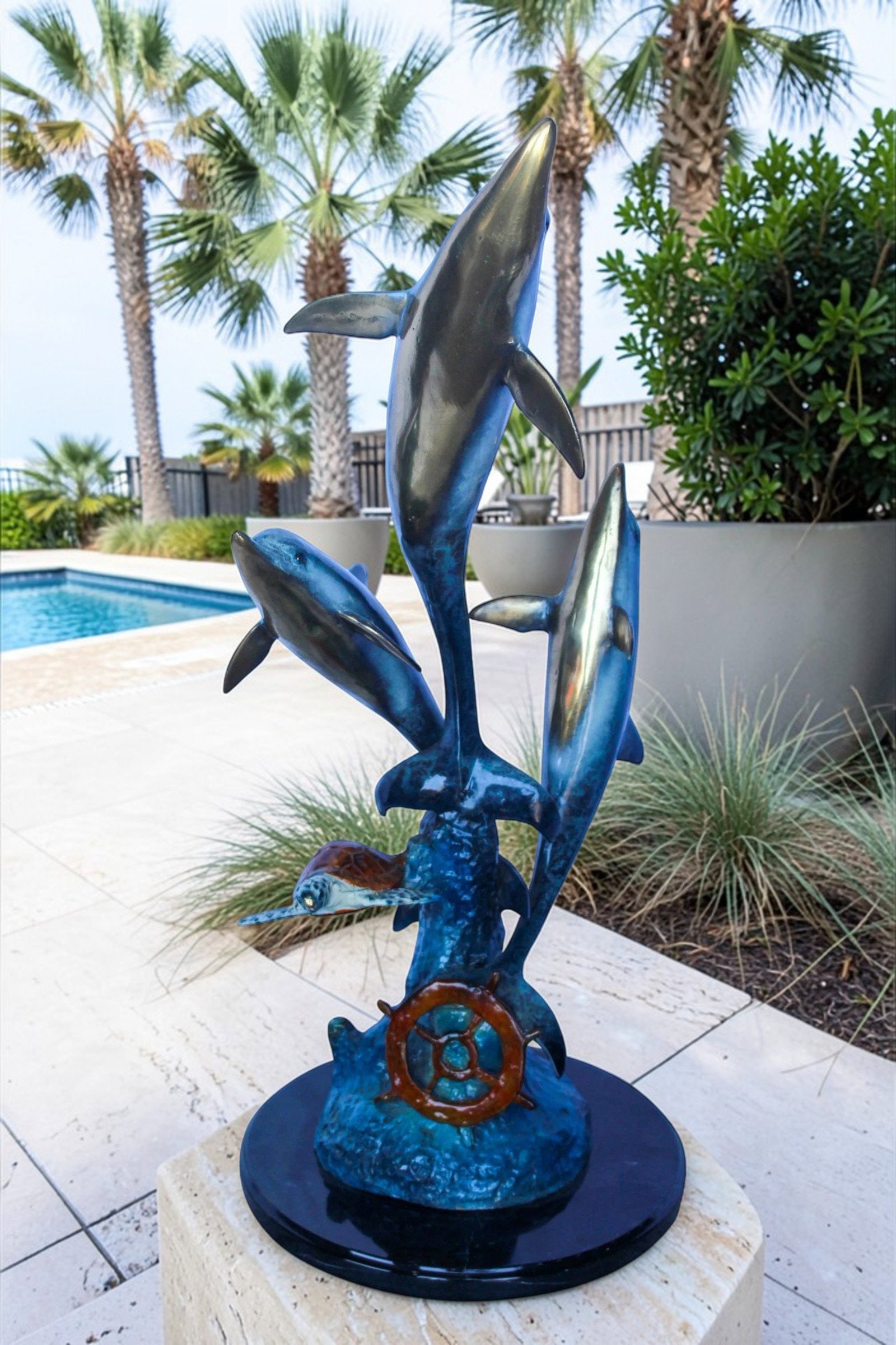 Three Dolphins Jumping, Sea Turtle, Colored Bronze Statue 11" x 11" x 24"H - 2