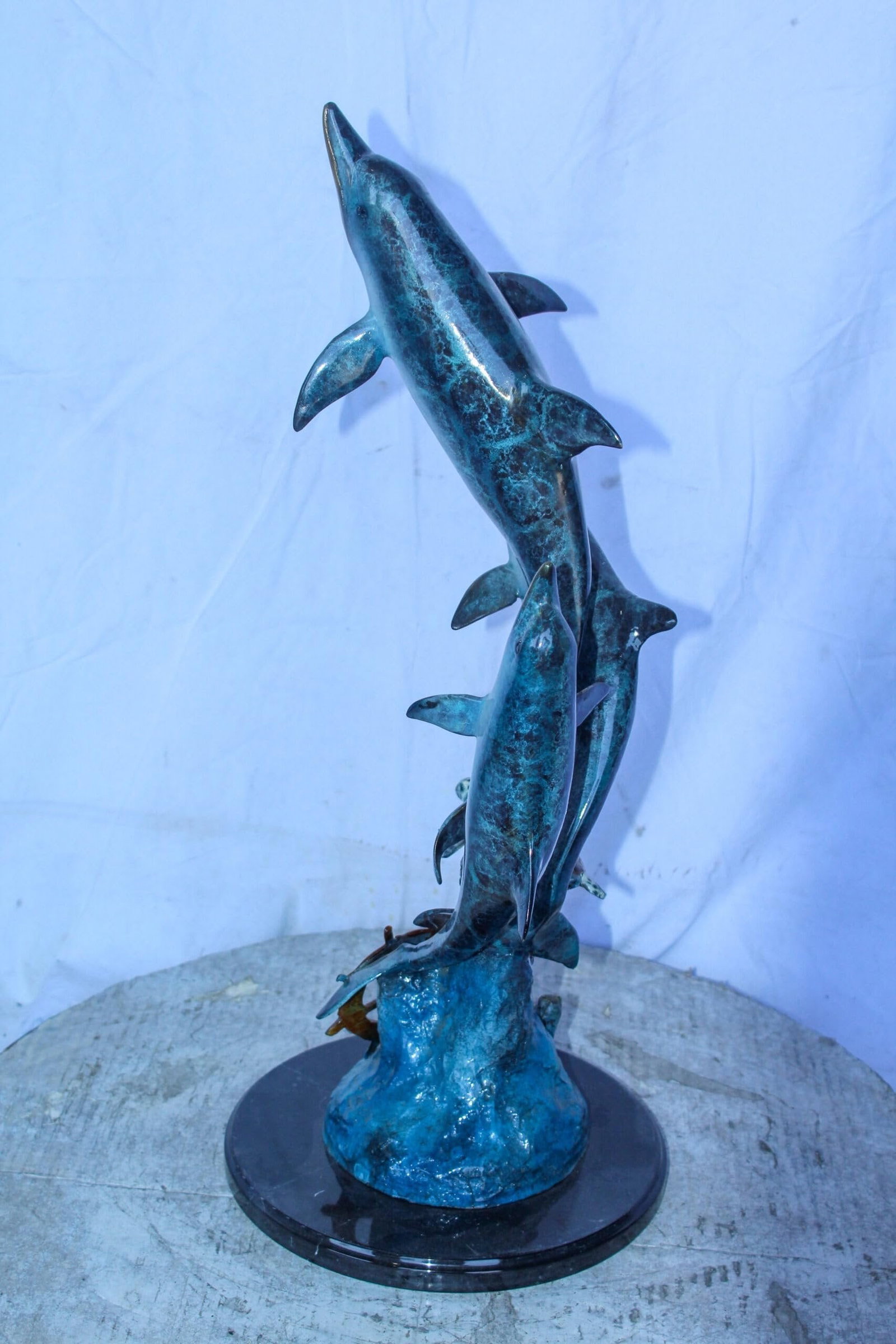 Three Dolphins Jumping, Sea Turtle, Colored Bronze Statue 11" x 11" x 24"H - 7