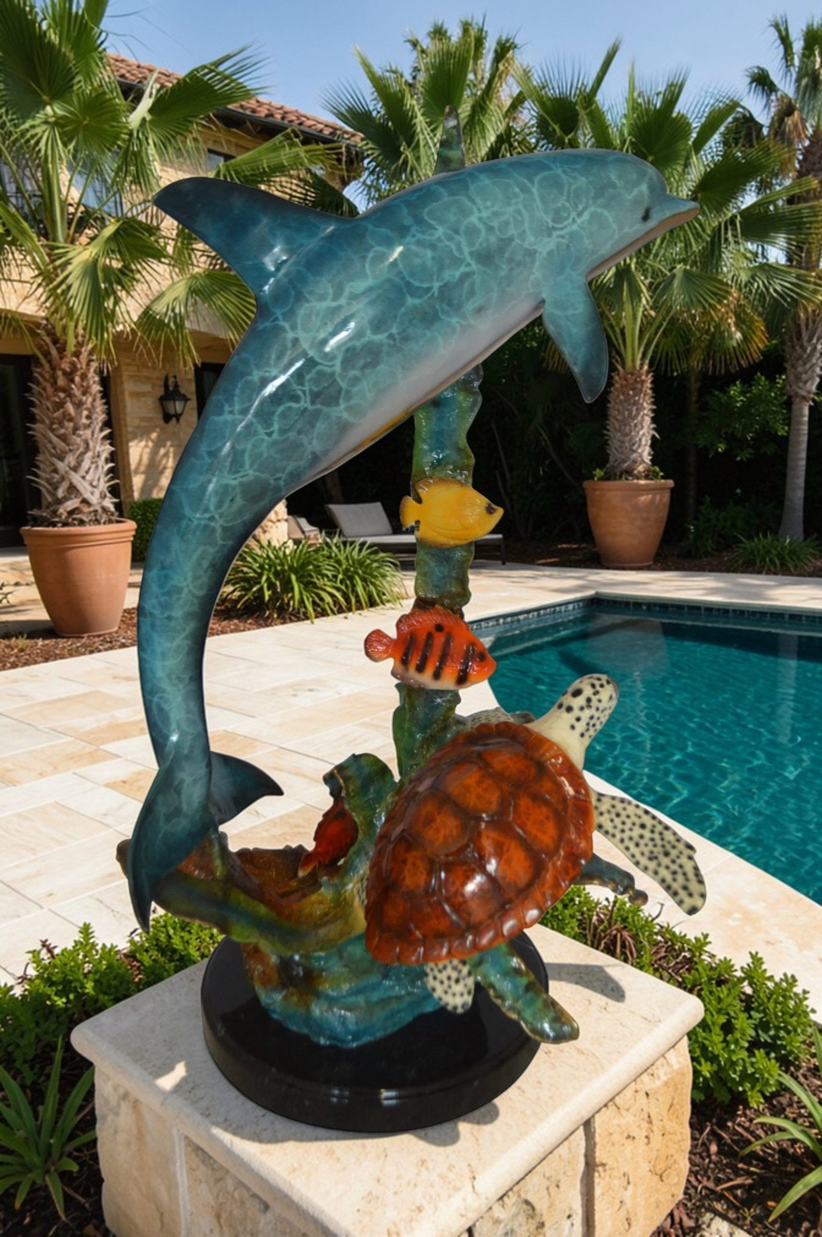 Dolphin , Turtle And Fish Bronze Statue - Size: 18"L x 16"W x 25"H. - 2