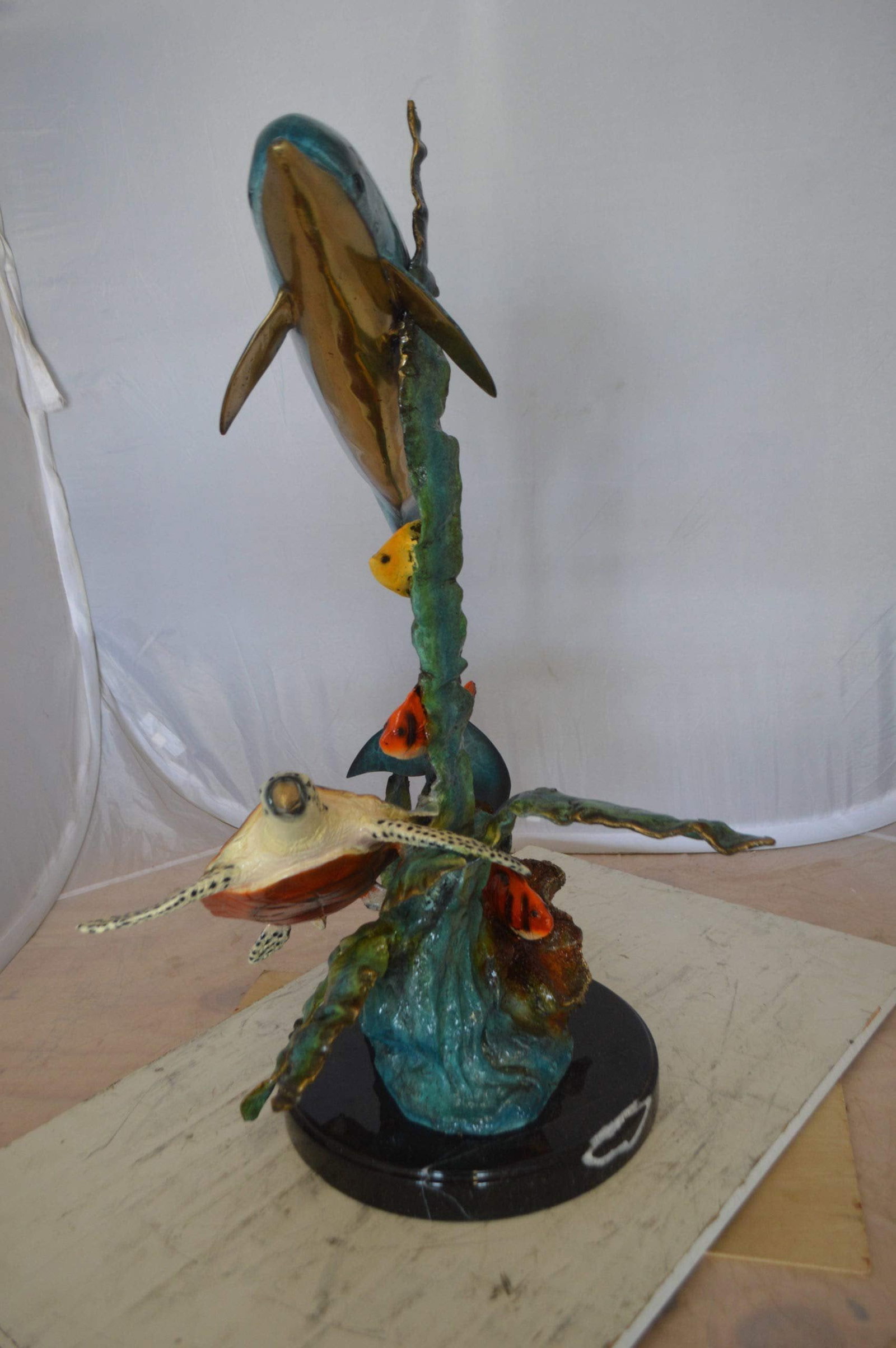 Dolphin , Turtle And Fish Bronze Statue - Size: 18"L x 16"W x 25"H. - 7