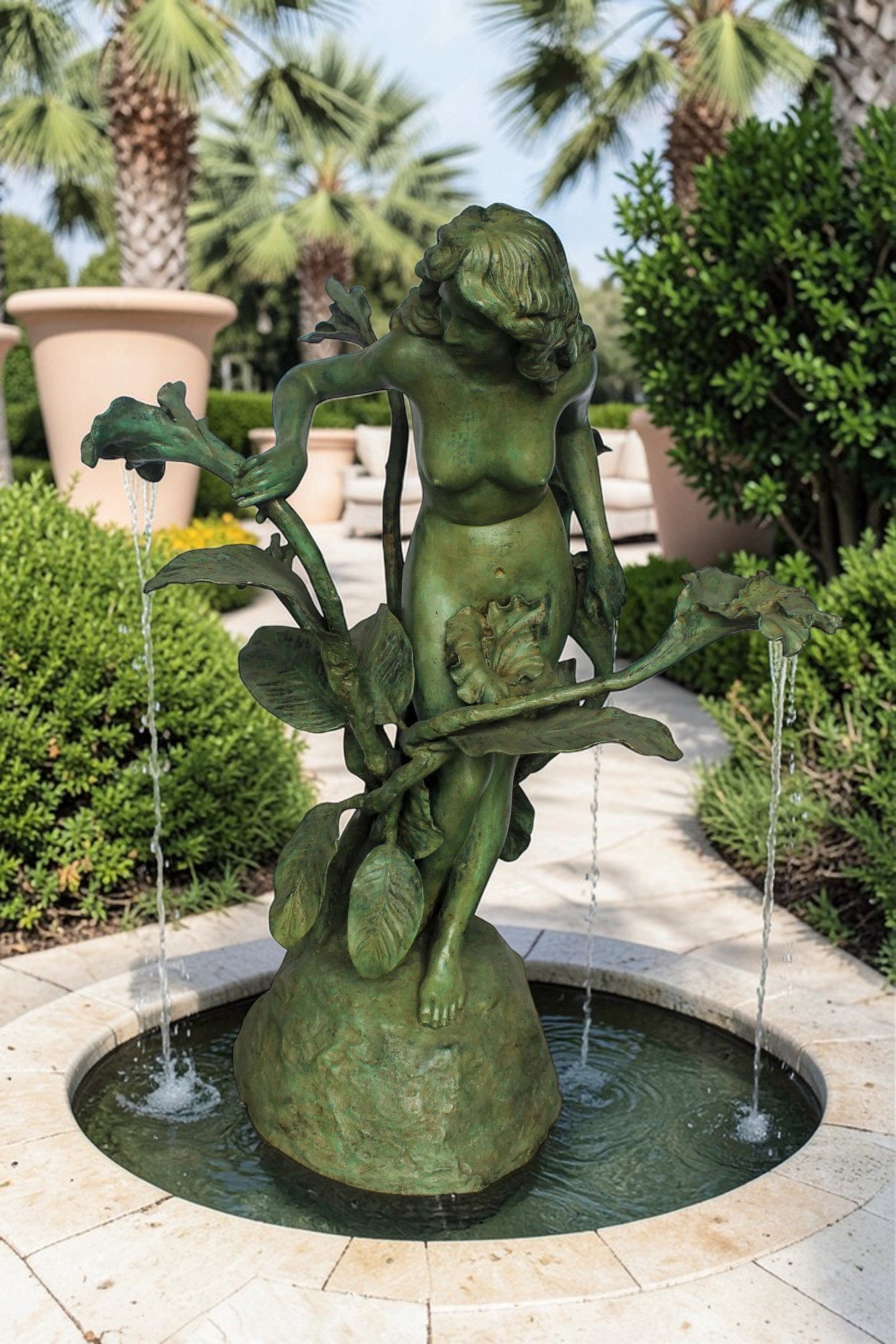 Nude Art Girl Standing by the Garden Life Size Bronze Fountain 44" x 44" x 64"H - 2