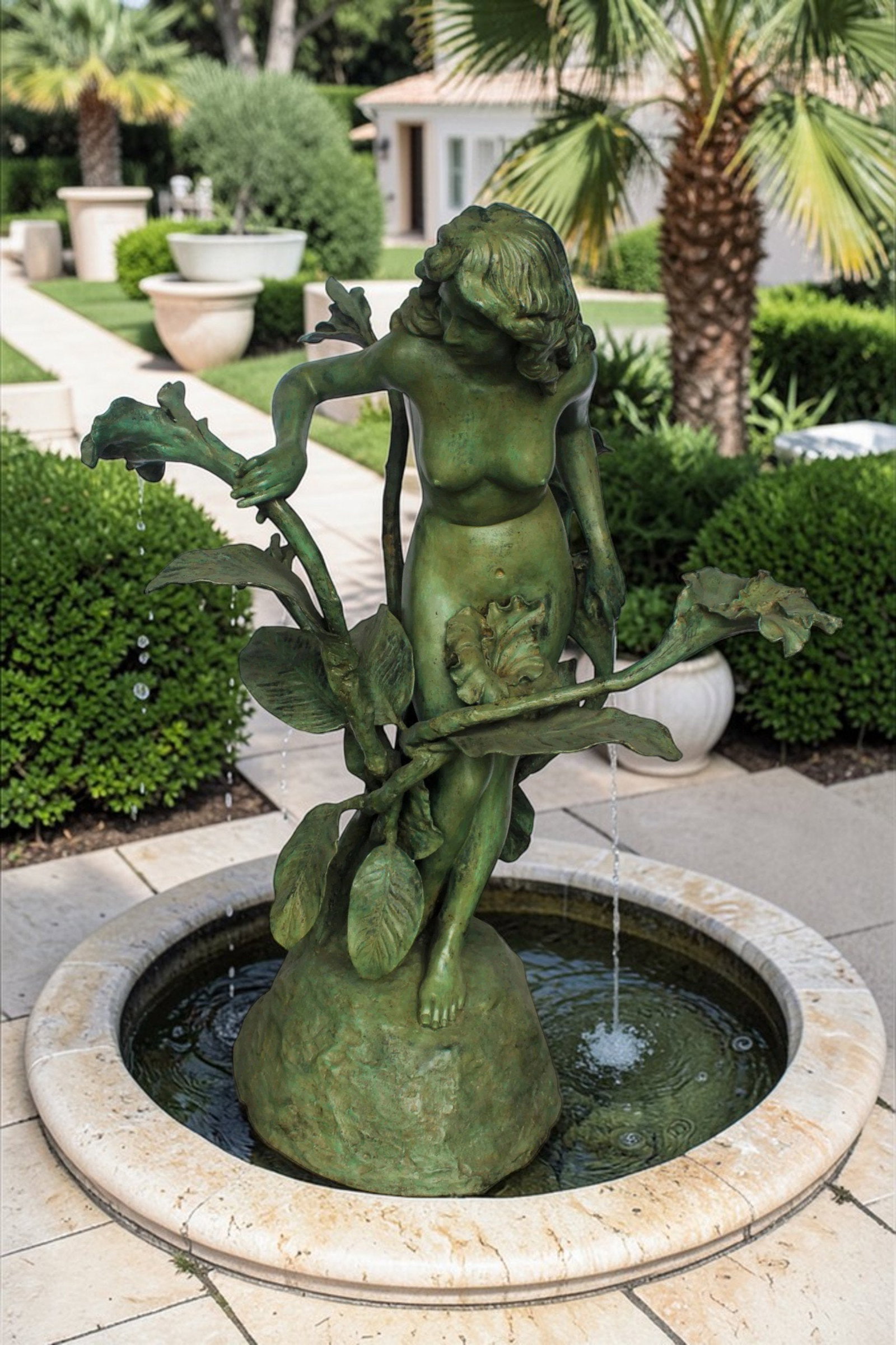 Nude Art Girl Standing by the Garden Life Size Bronze Fountain 44" x 44" x 64"H - 3
