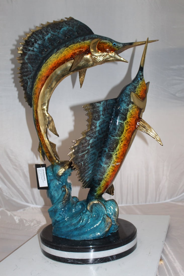 Two Sailfish fish Bronze Statue - Size: 20"L x 16"W x 34"H. - 3
