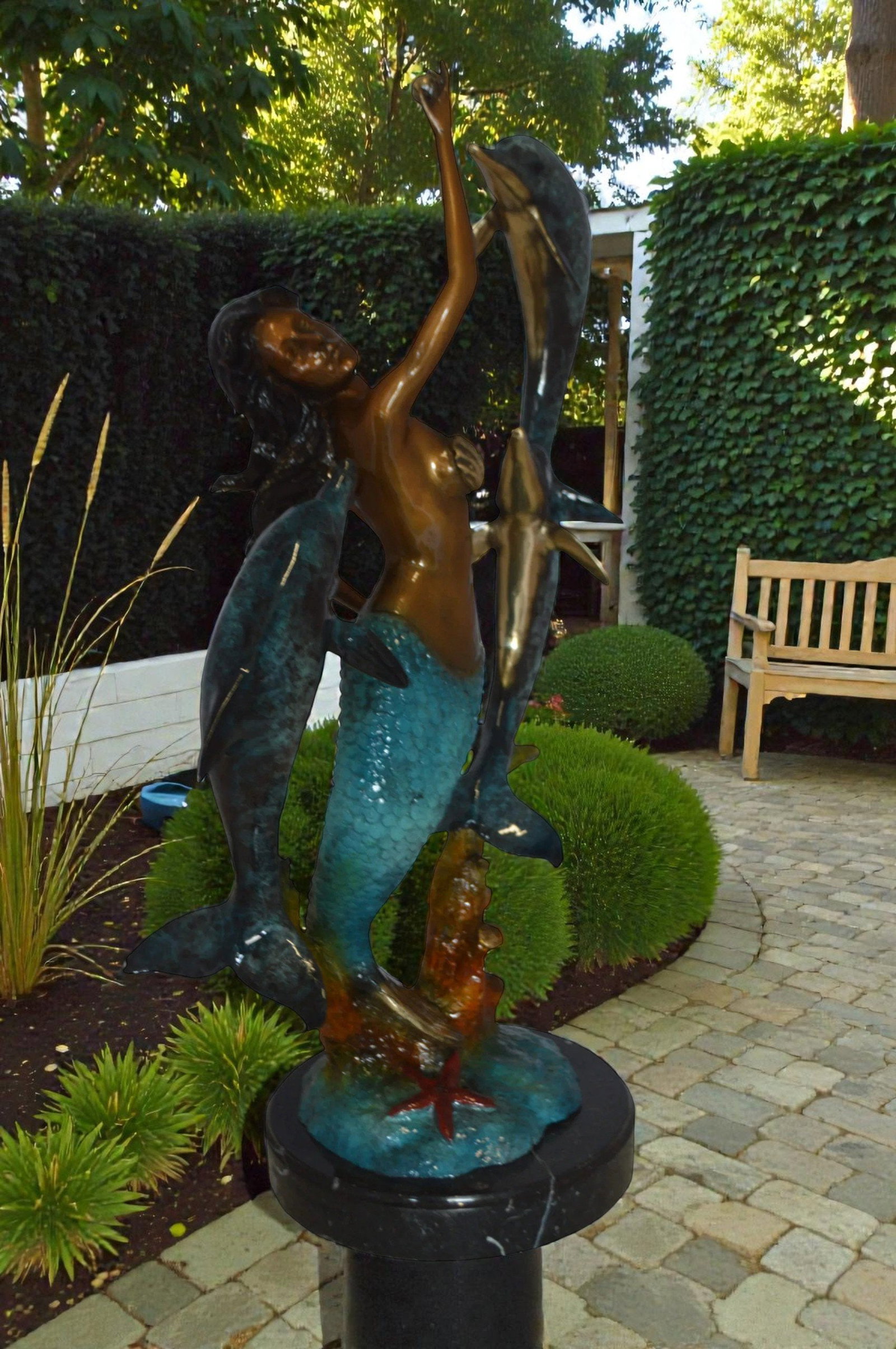 Mermaid With Three Dolphins Bronze Statue - Size: 15"L x 8"W x 25"H. - 2