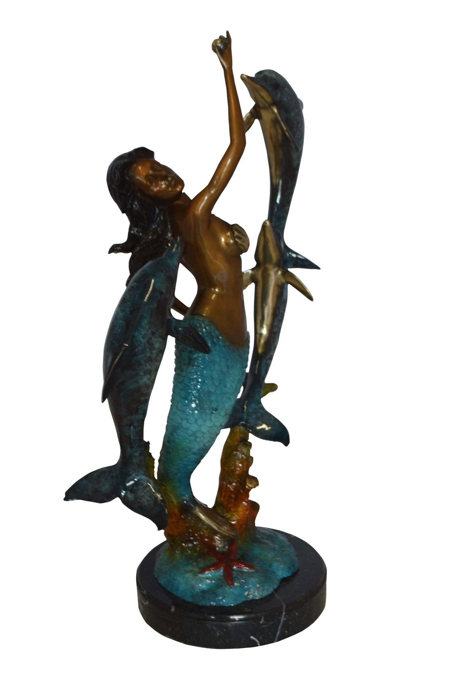 Mermaid With Three Dolphins Bronze Statue - Size: 15"L x 8"W x 25"H. - 3