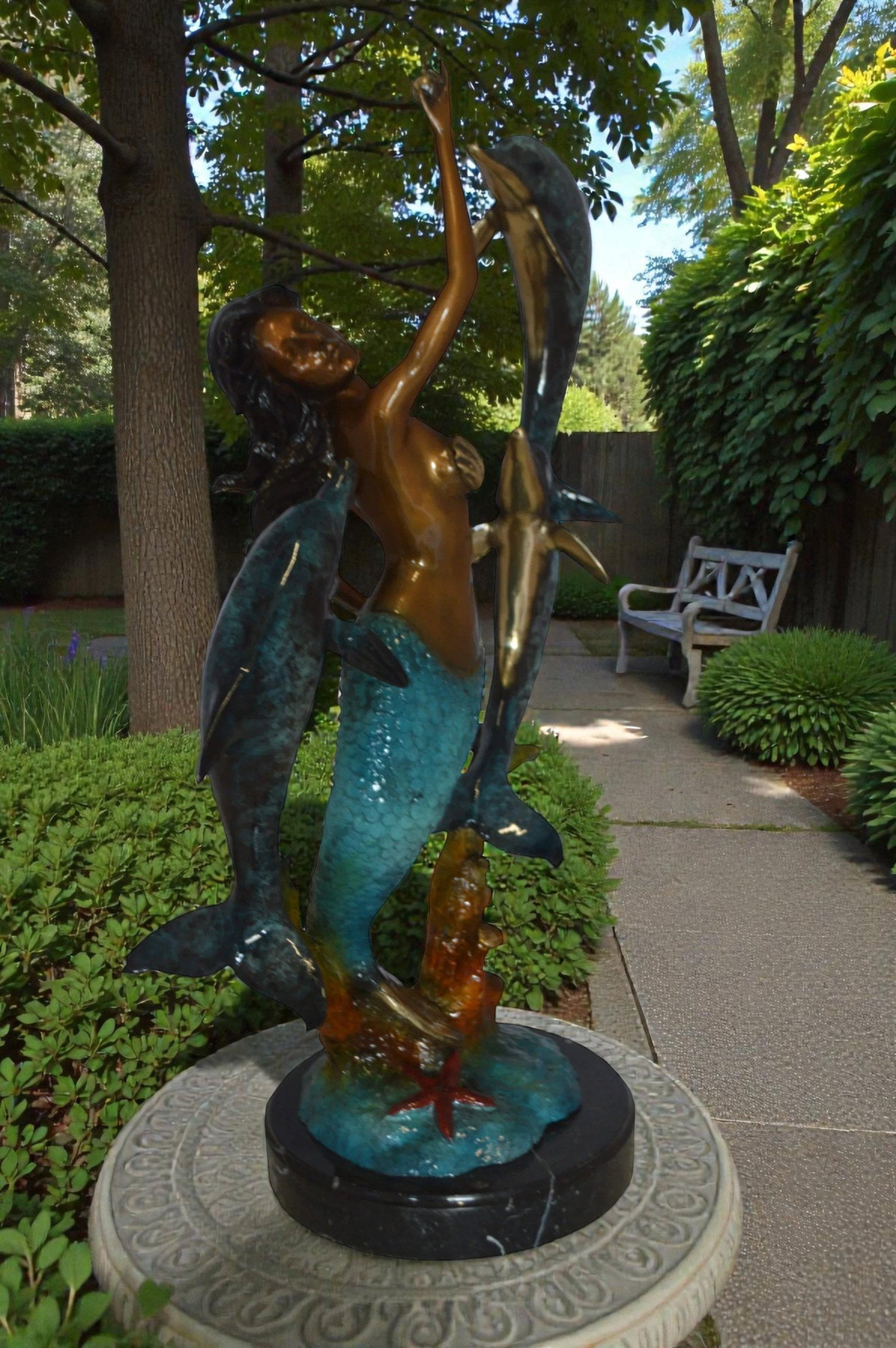 Mermaid With Three Dolphins Bronze Statue - Size: 15"L x 8"W x 25"H. - 4