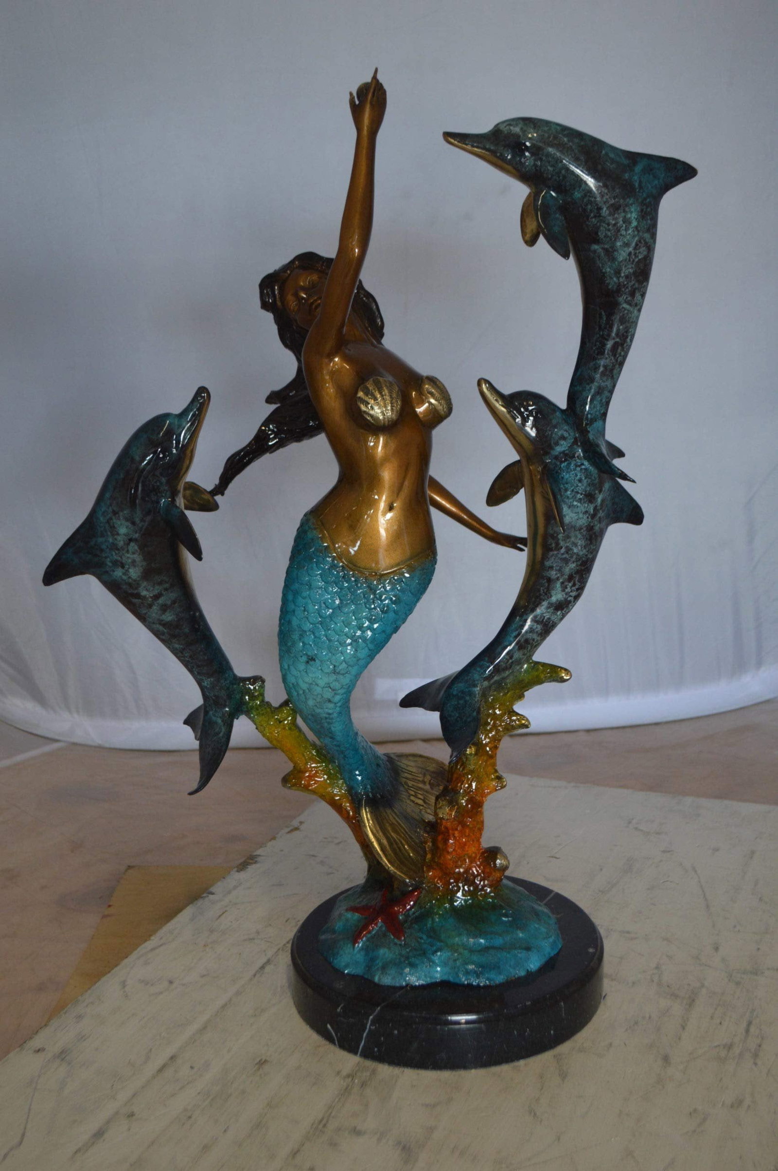 Mermaid With Three Dolphins Bronze Statue - Size: 15"L x 8"W x 25"H. - 5