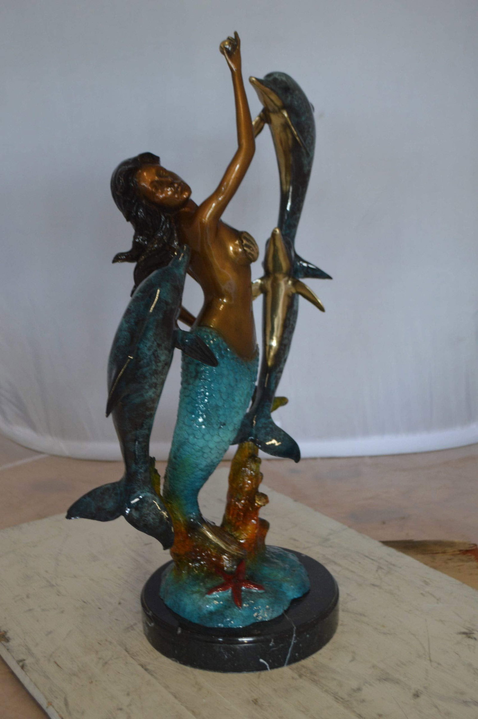 Mermaid With Three Dolphins Bronze Statue - Size: 15"L x 8"W x 25"H. - 7