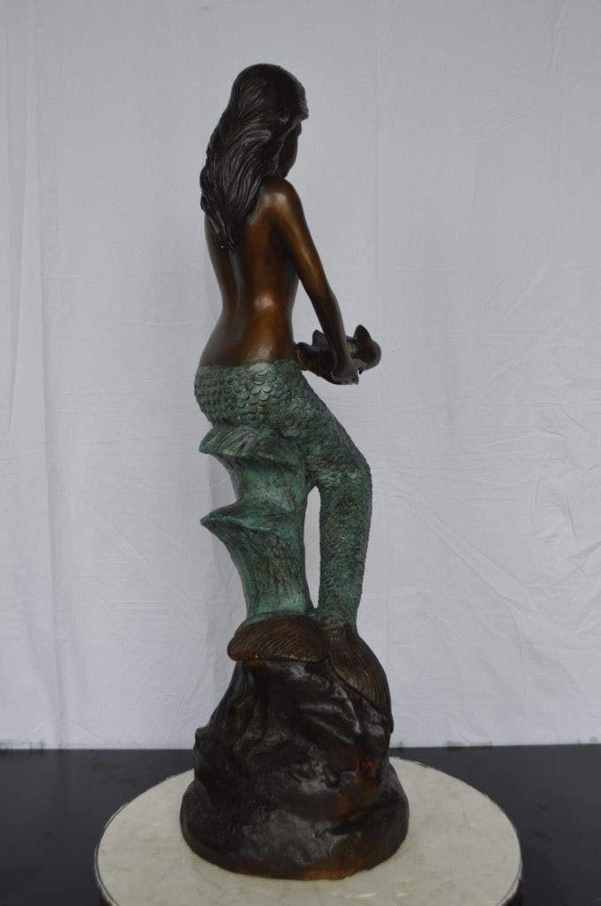 Mermaid Holding Two Fish Bronze Statue - Size: 14"L x 14"W x 43"H. - 7