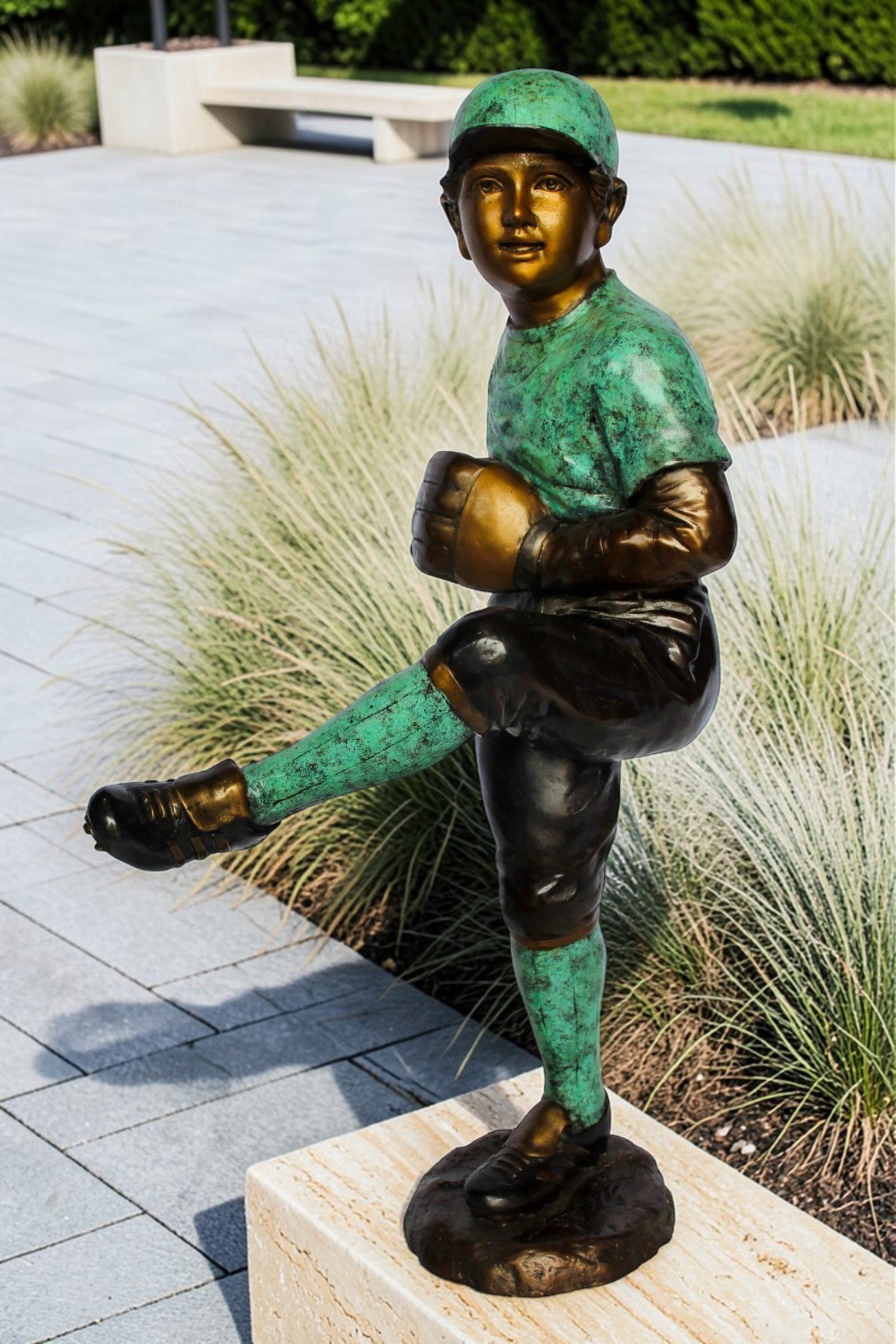 Bronze Baseball Pitcher Statue – Young Athlete Mid Throw with Green & Brown Patina Finish – - 2