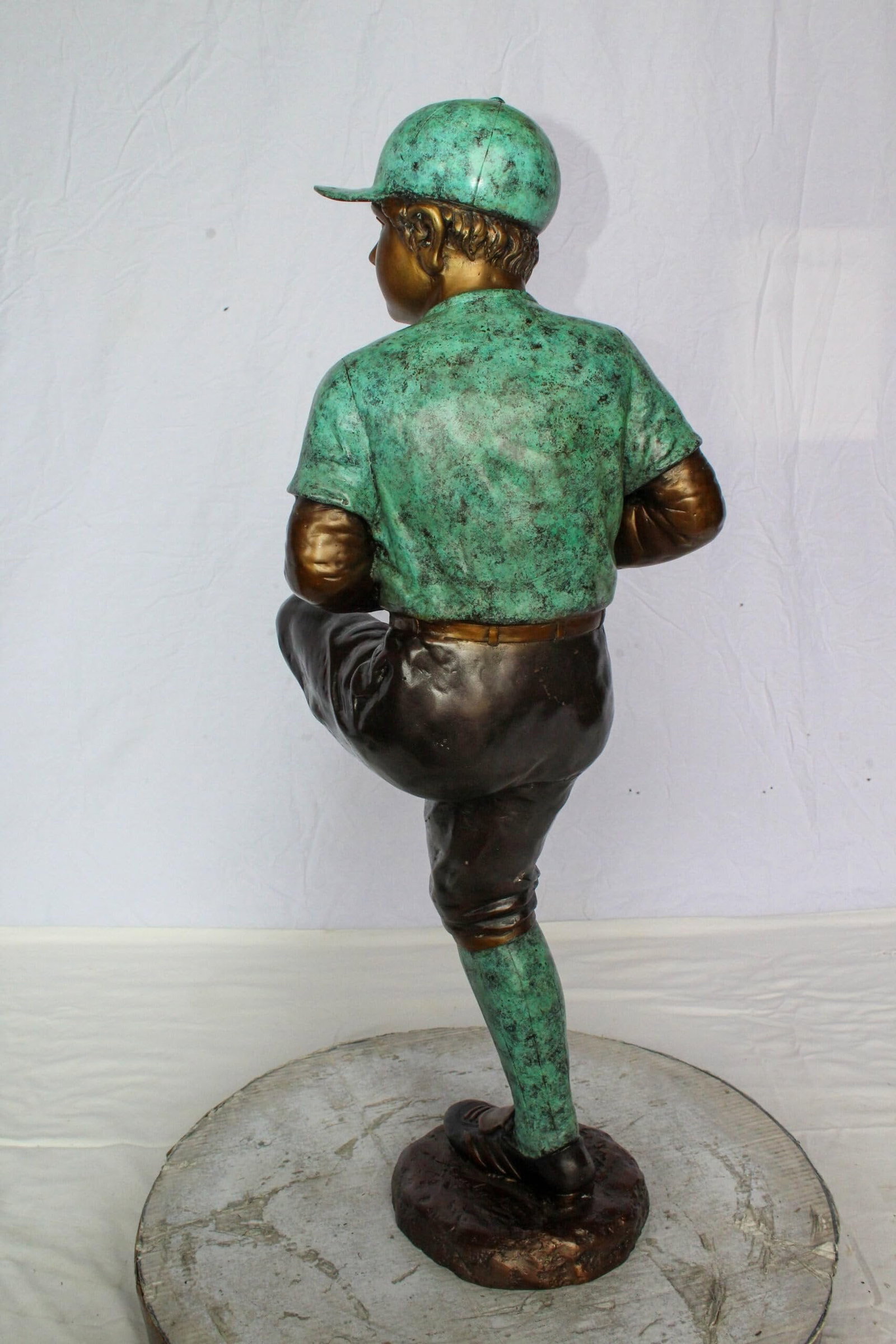 Bronze Baseball Pitcher Statue – Young Athlete Mid Throw with Green & Brown Patina Finish – - 7