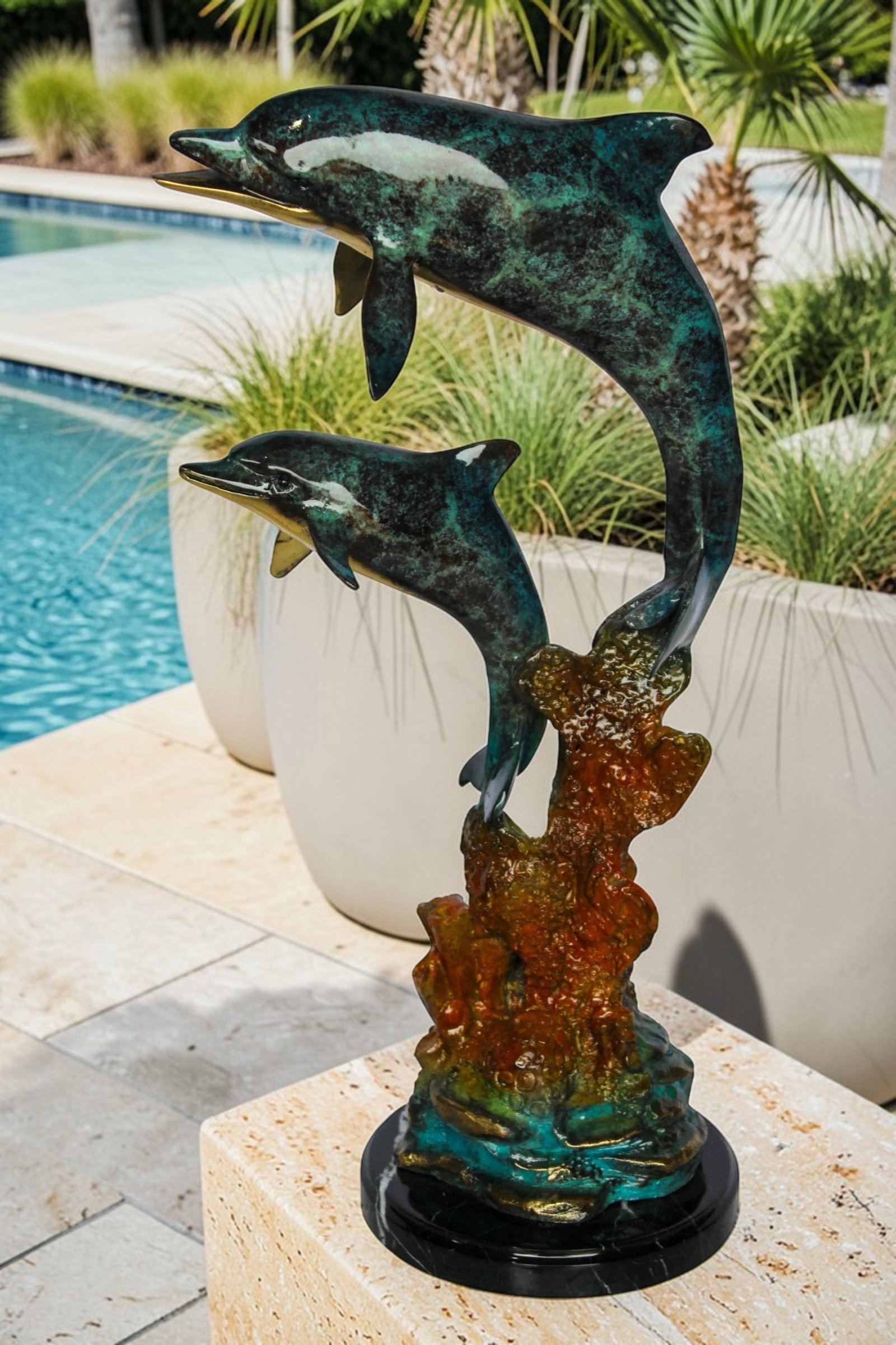 Bronze Dolphin Pair Statue Coastal Ocean Décor 8" x 11" x 22"H - 2